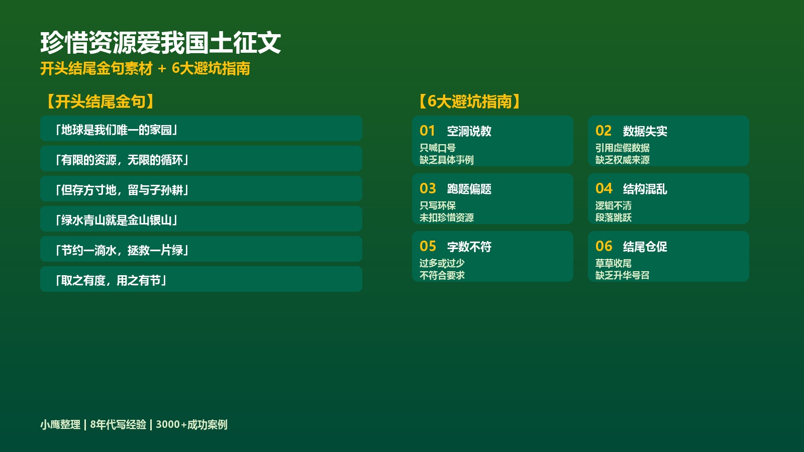 珍惜资源爱我国土征文开头结尾金句+6大避坑指南