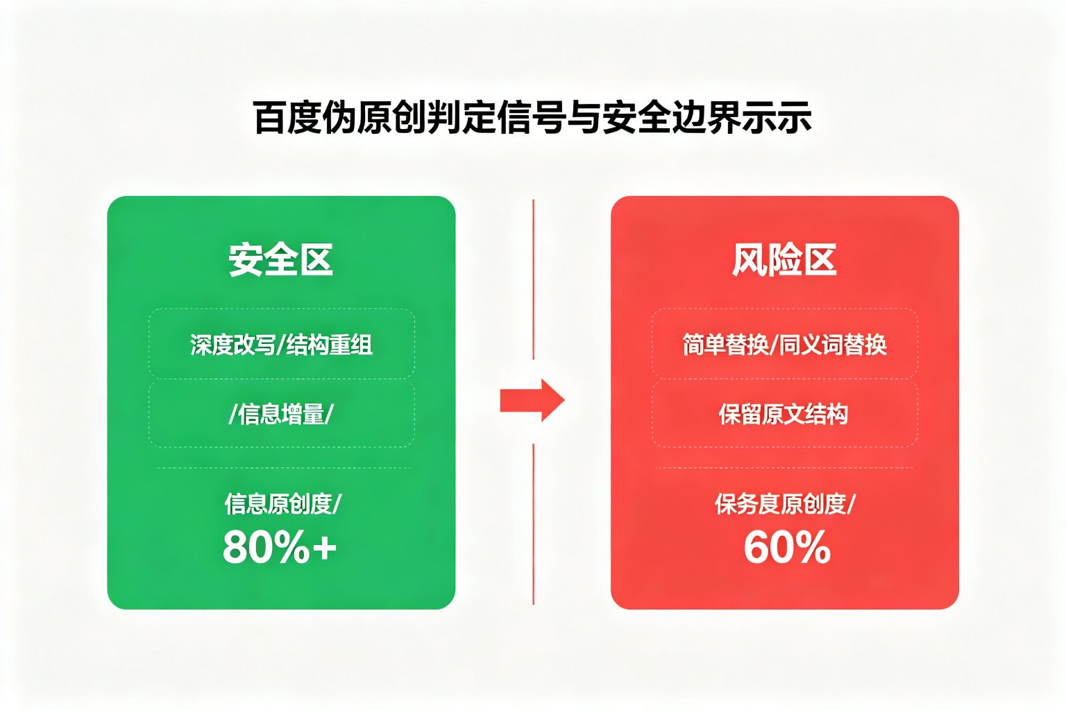 百度伪原创判定信号与安全边界示意图