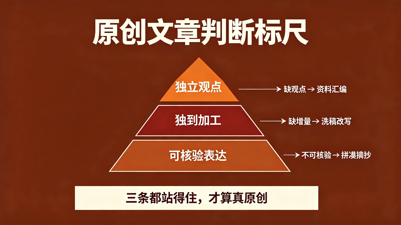 原创文章判定标尺金字塔：独立观点、独到加工与可核验表达