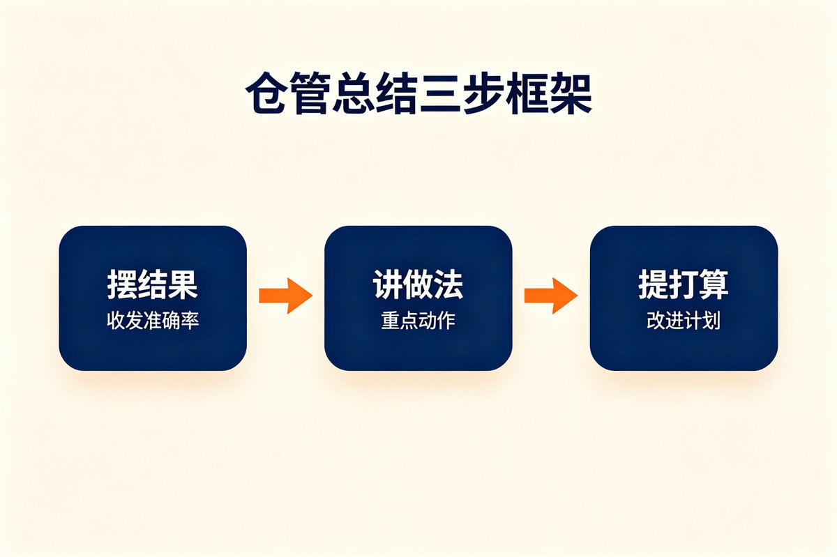 仓管工作总结三步框架流程图：摆结果、讲做法、提打算