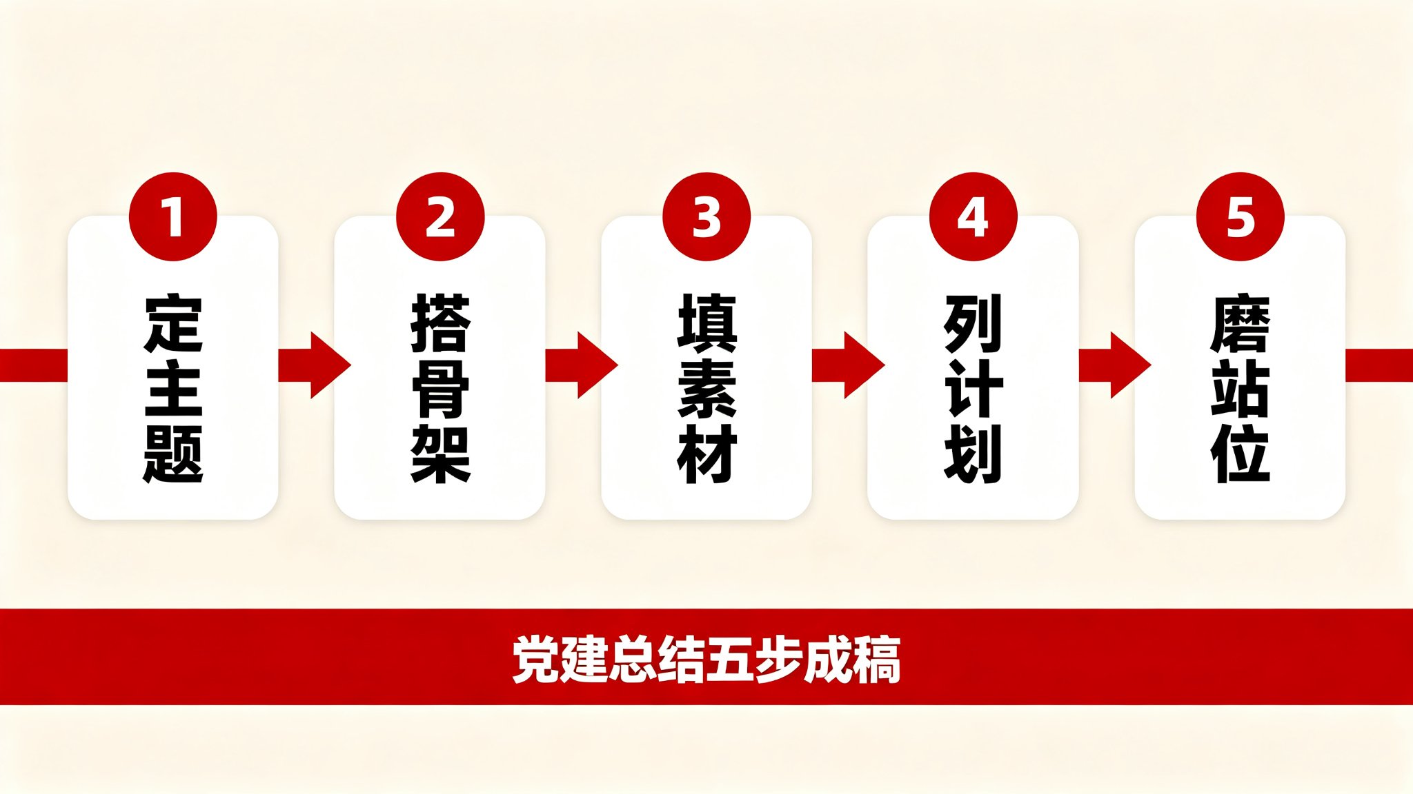2017年党建工作总结写作五步流程图：定主题搭骨架填素材列计划磨站位
