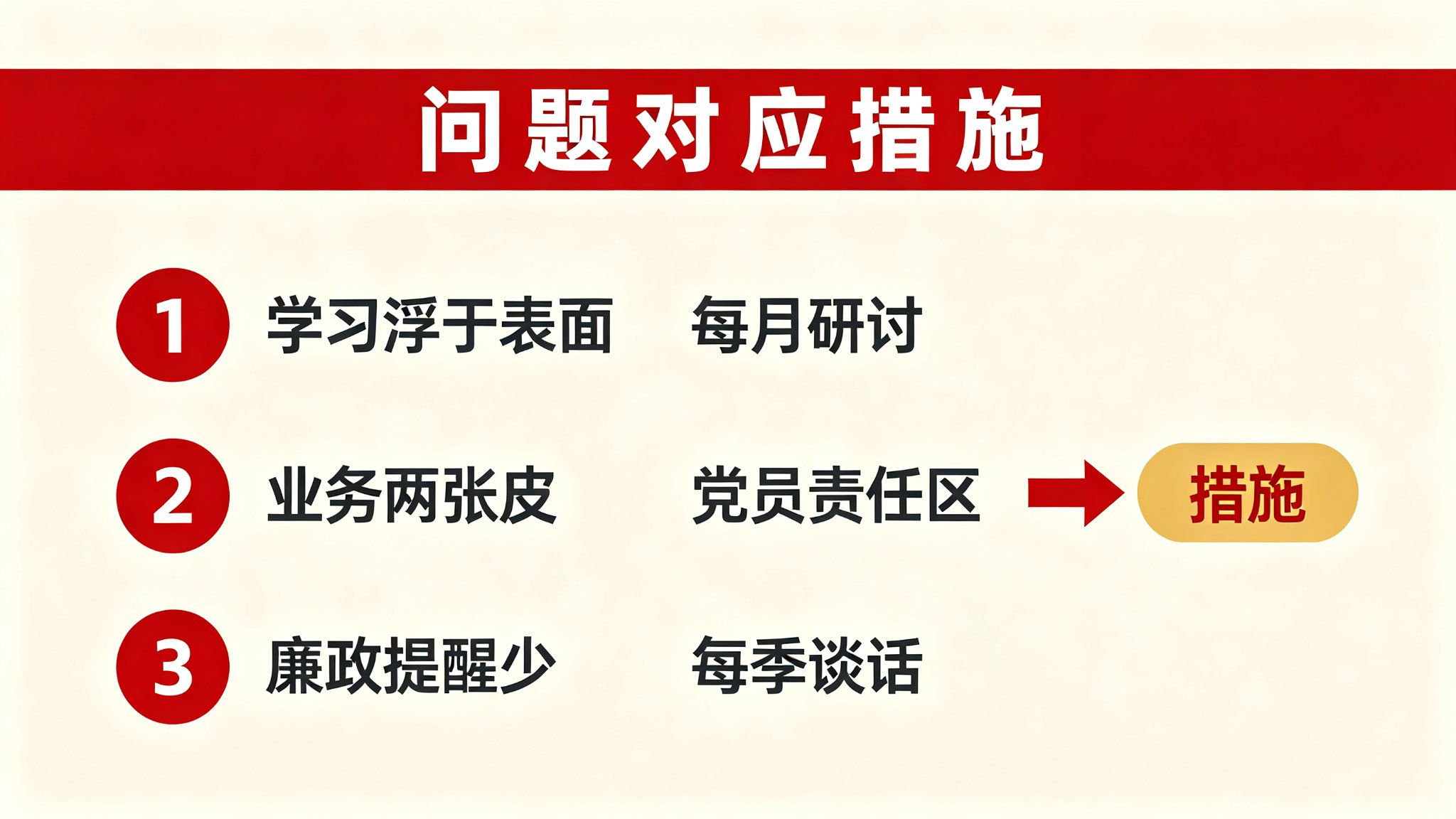 党建工作总结存在问题与下一步措施对照表：学习浮于表面对应每月研讨等