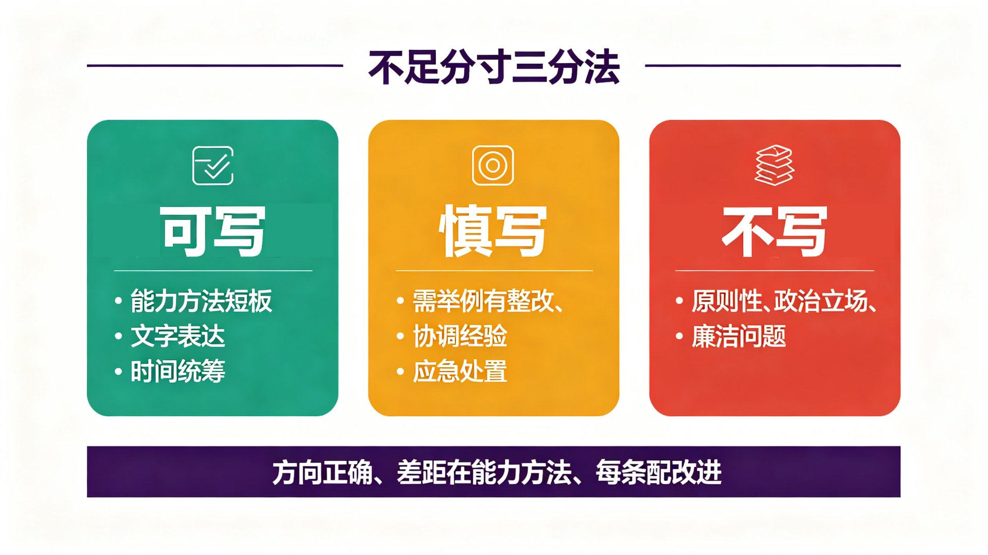 存在不足的分寸三分法：可写、慎写、不写三类内容对照
