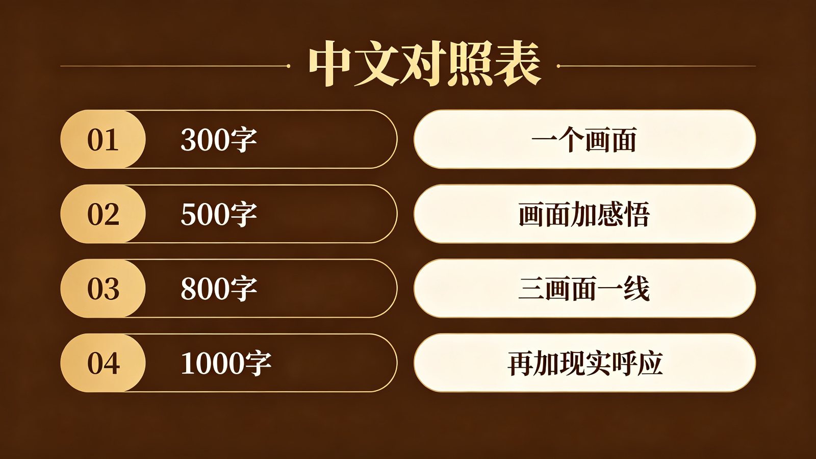 分字数段落配比对照表:300字一个画面、500字画面加感悟、800字三画面一线、1000字加现实呼应