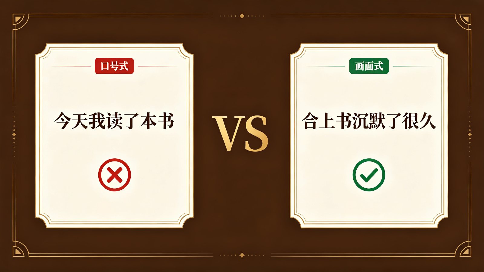 口号式开头与画面式开头对照卡片:口号式被打叉,画面式被打勾