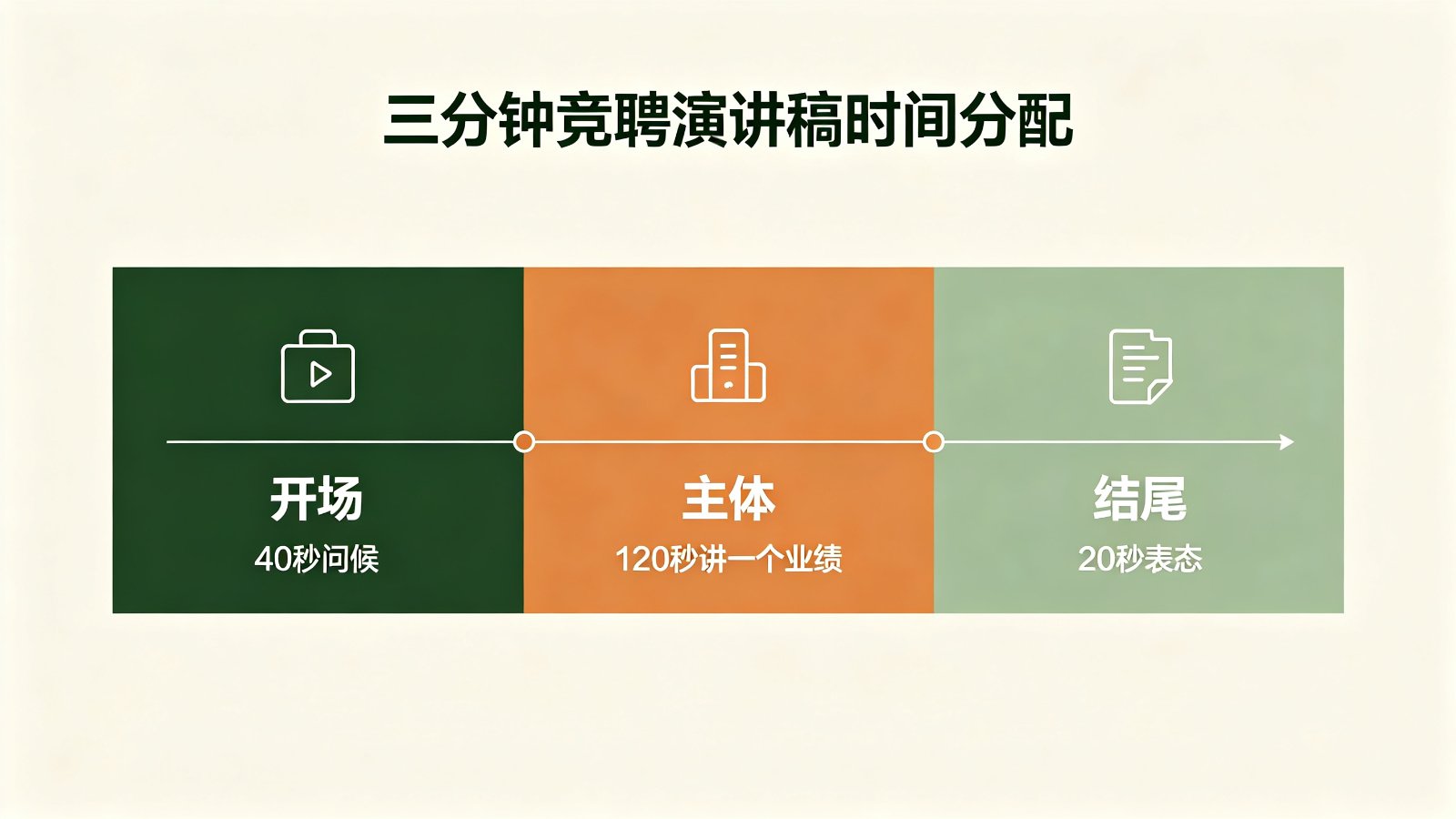 三分钟竞聘演讲稿时间轴:开场40秒、主体120秒、结尾20秒三段分配图