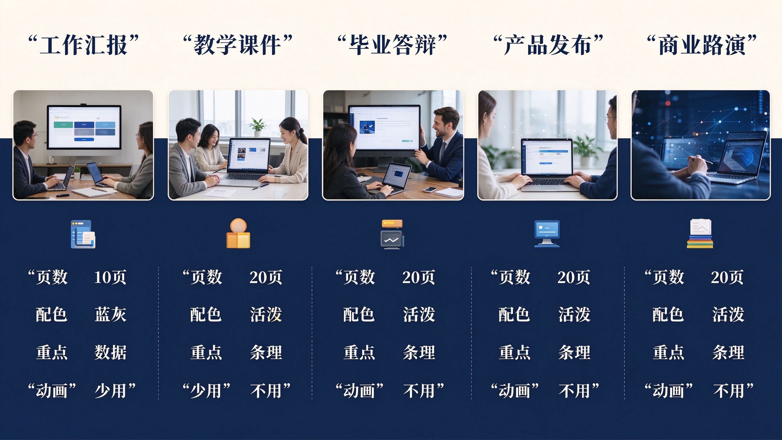 5大场景PPT对比信息图:工作汇报/教学课件/毕业答辩/产品发布/商业路演的页数配色重点动画对比
