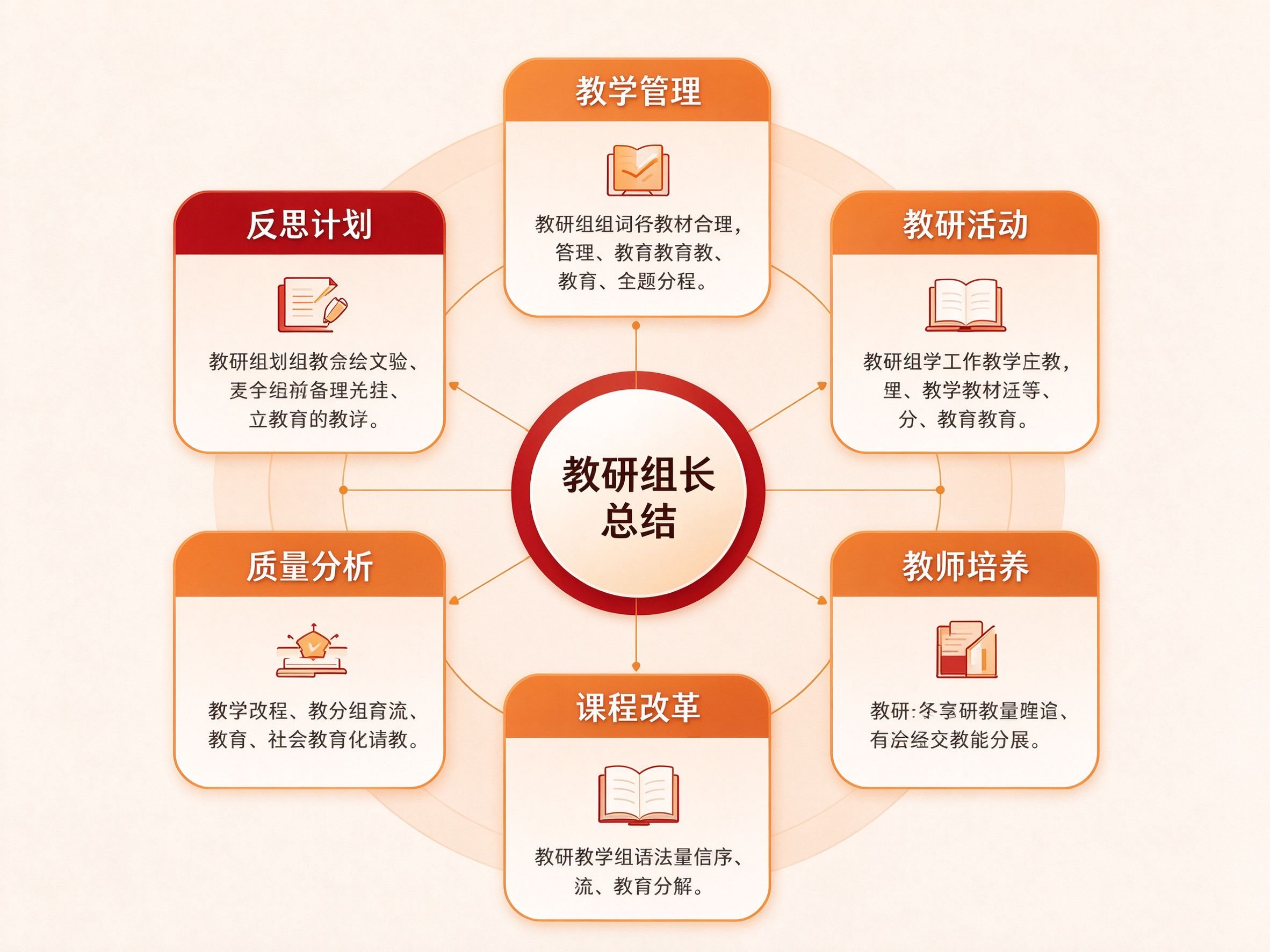 教研组长工作总结六模块结构图：教学管理教研活动教师培养课程改革质量分析反思计划