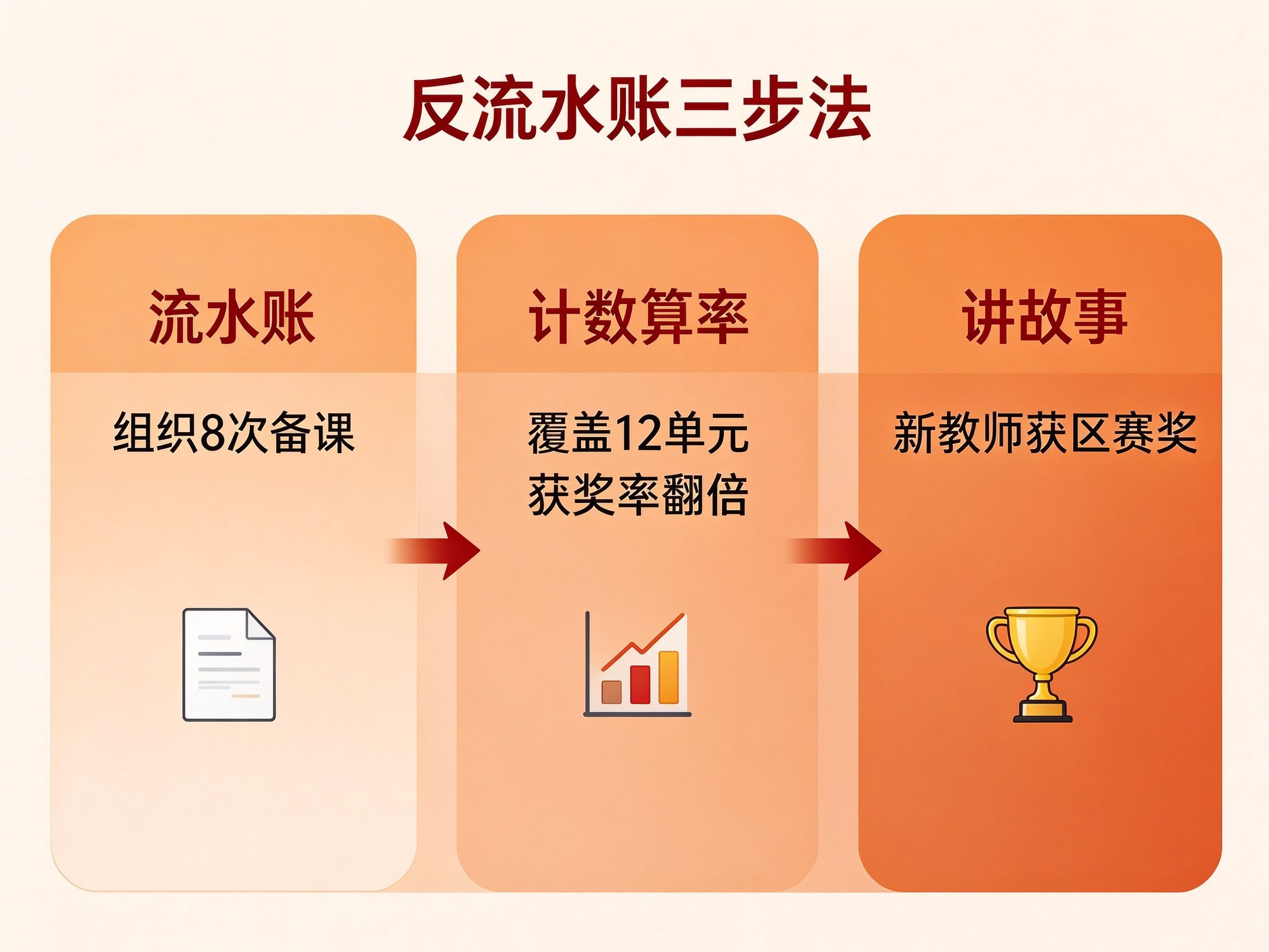 反流水账三步法对比图：流水账组织8次备课到计数算率覆盖12单元获奖率翻倍再到讲故事新教师获区赛奖