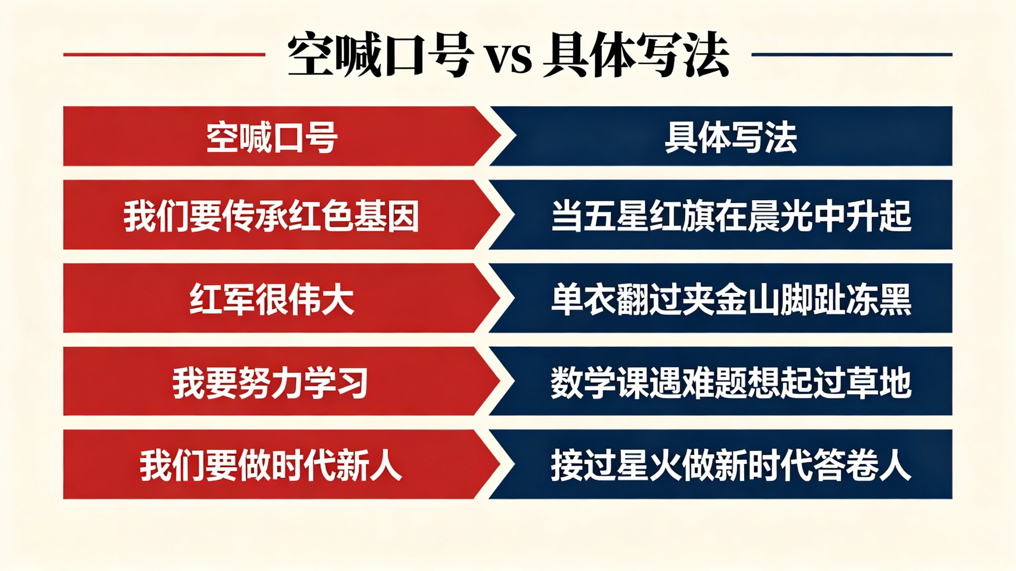 红色征文空喊口号与具体写法四组对照：开头素材结合自身结尾的反例与正例对比