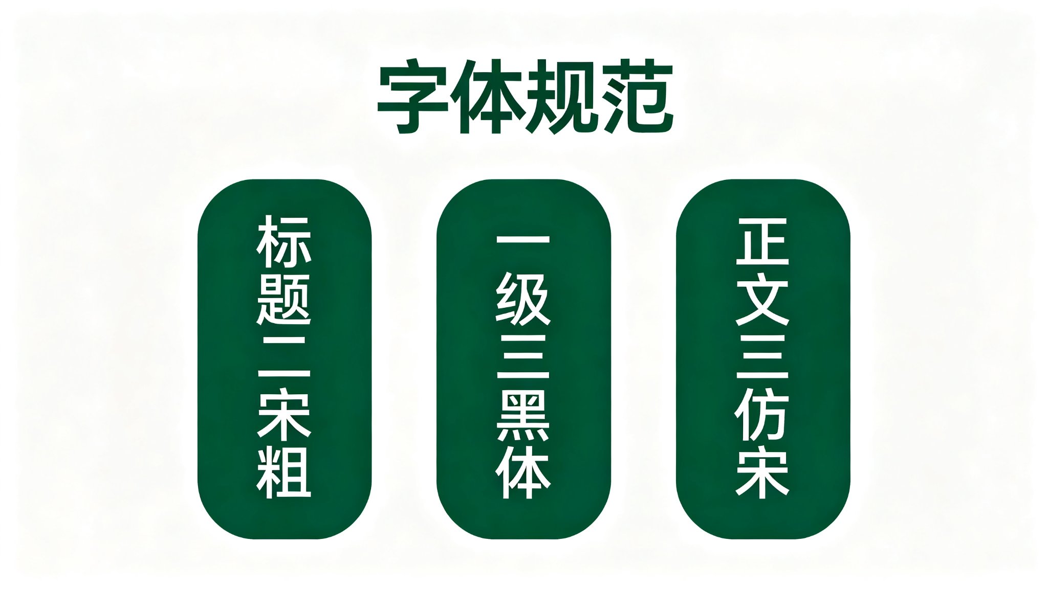 汇报材料格式字体字号规范：标题二号宋体加粗、一级标题三号黑体、正文三号仿宋