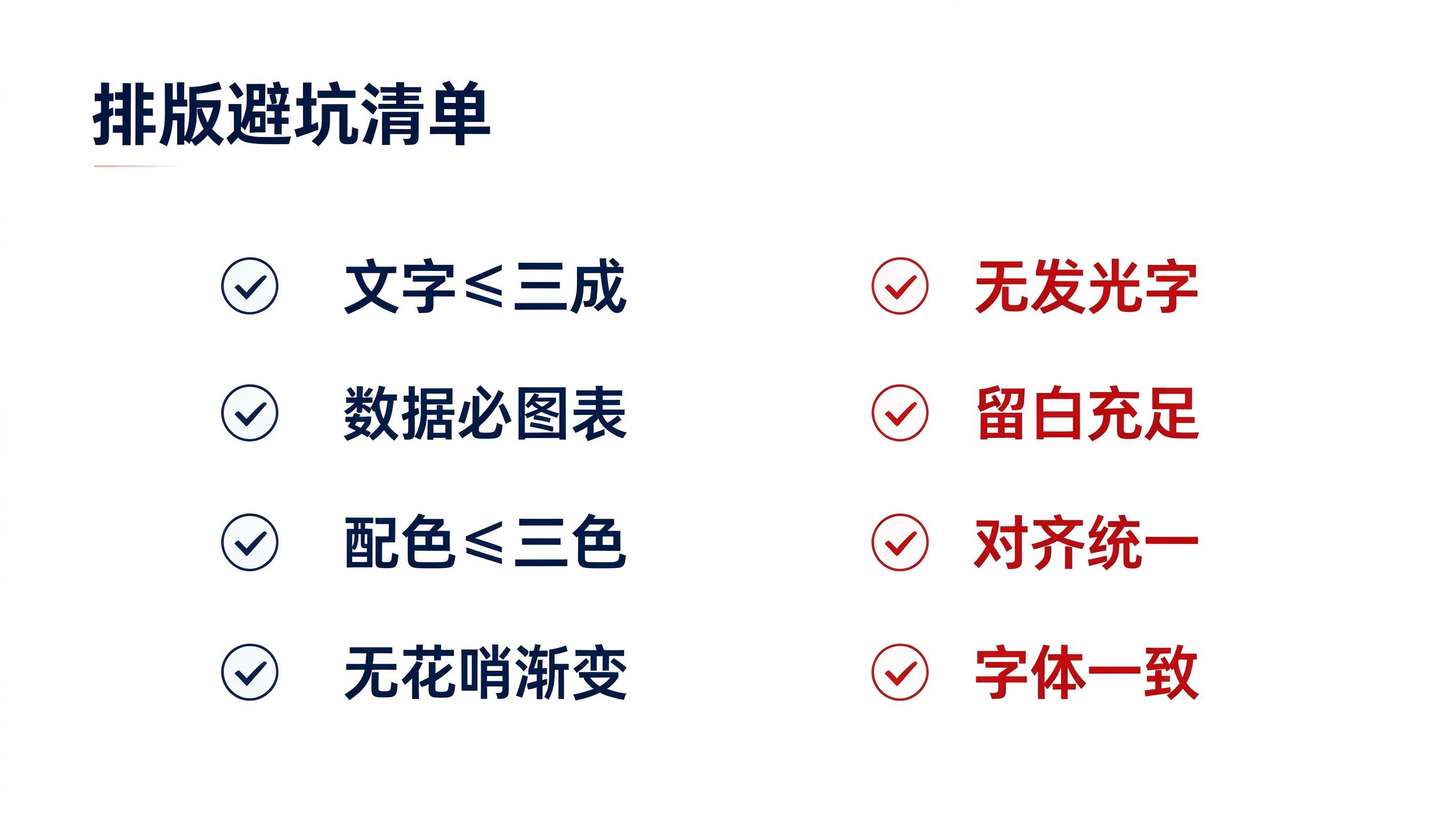 述职报告PPT排版避坑清单:文字三成数据图表配色三色无渐变发光字留白对齐字体