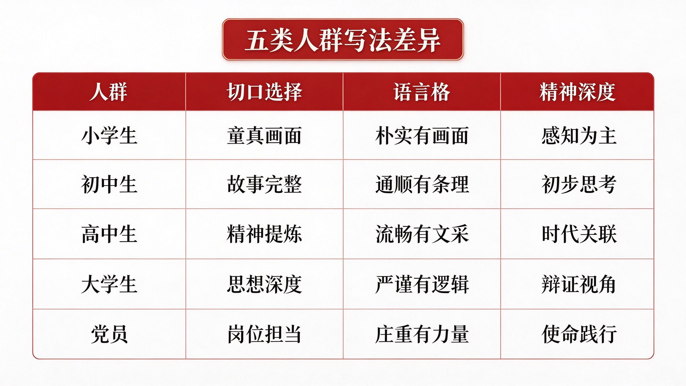 红色征文五类人群写法差异对比表:小学生到党员分层指南