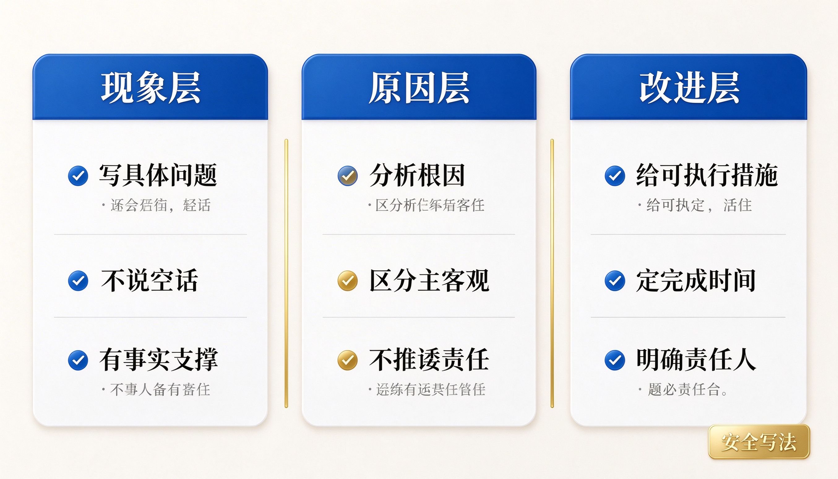 不足部分三层写法速查表，展示现象层原因层改进层的写作要点