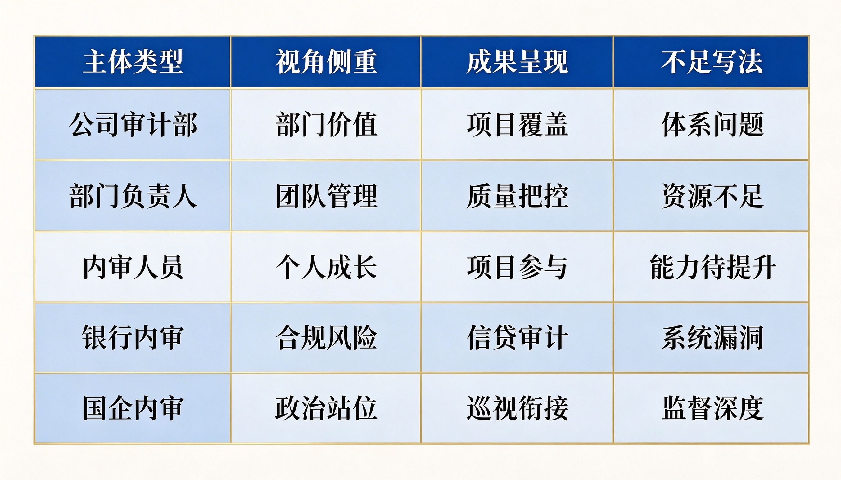 5类主体内部审计工作总结写法差异对照表