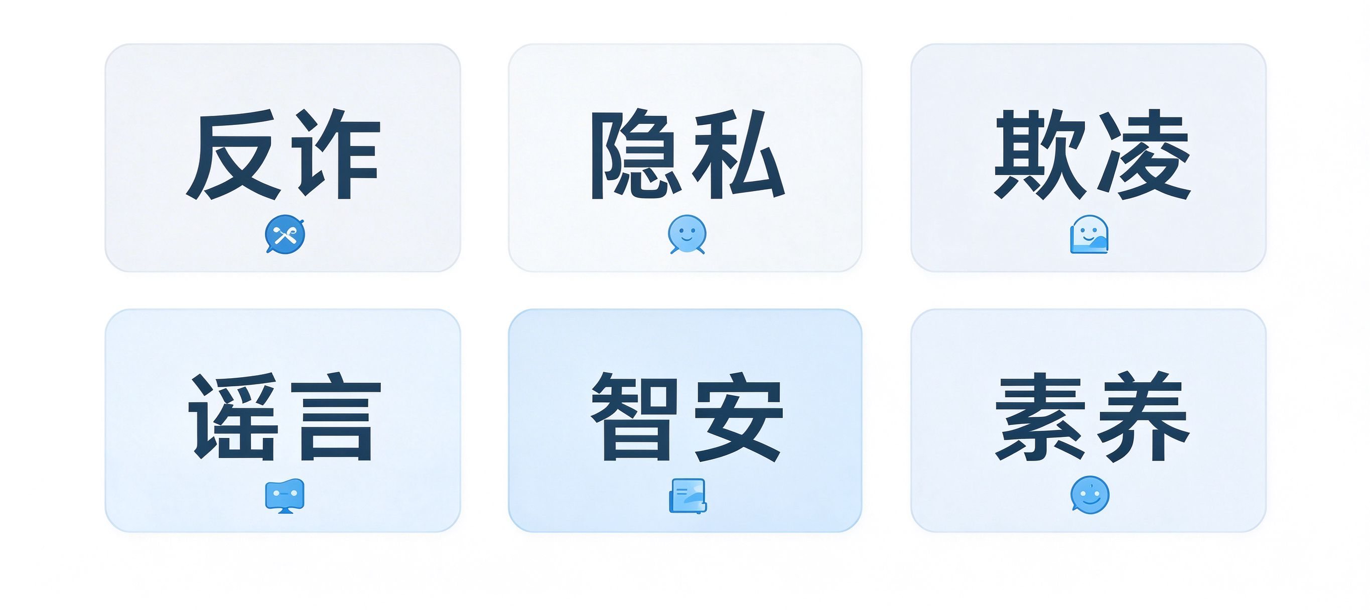 网络安全征文六大子主题卡片：反诈隐私欺凌谣言智安素养