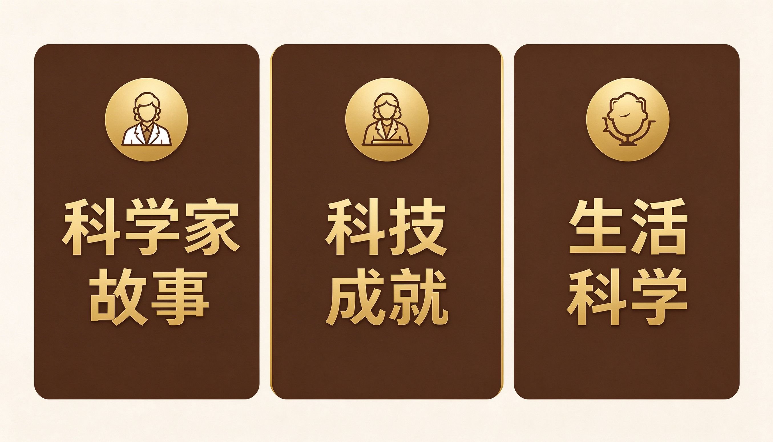 三类科学素材分类图：科学家故事、科技成就、生活科学