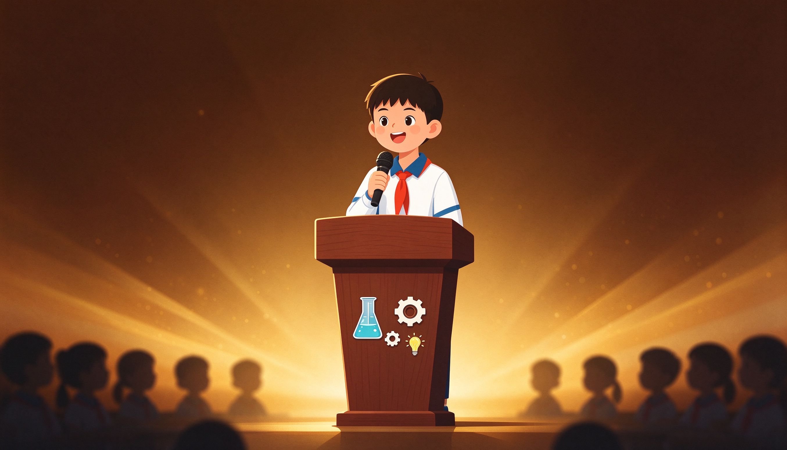 小学生科学主题演讲现场感插画