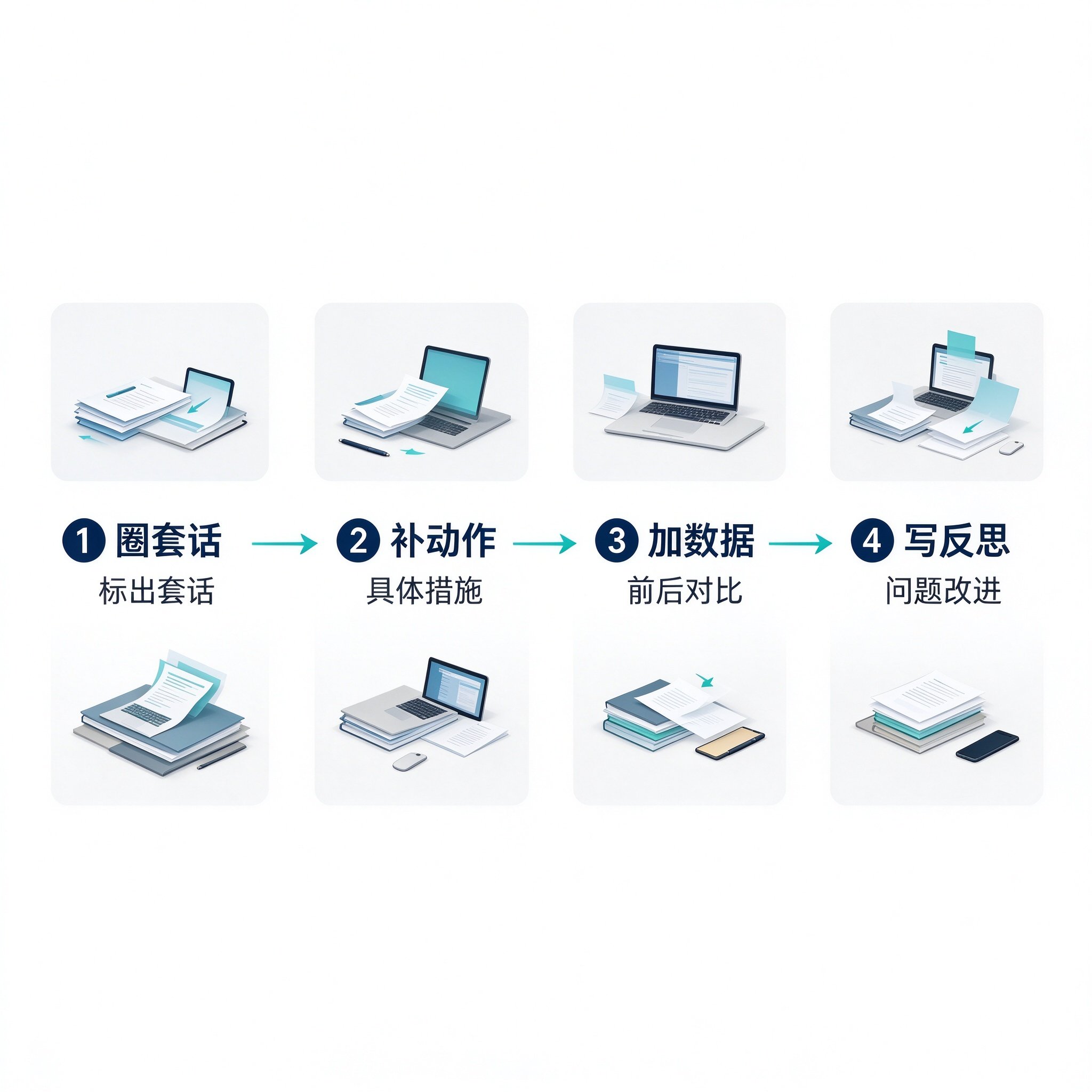 小学数学工作总结去空洞四步法步骤分解图：圈套话到补动作到加数据到写反思