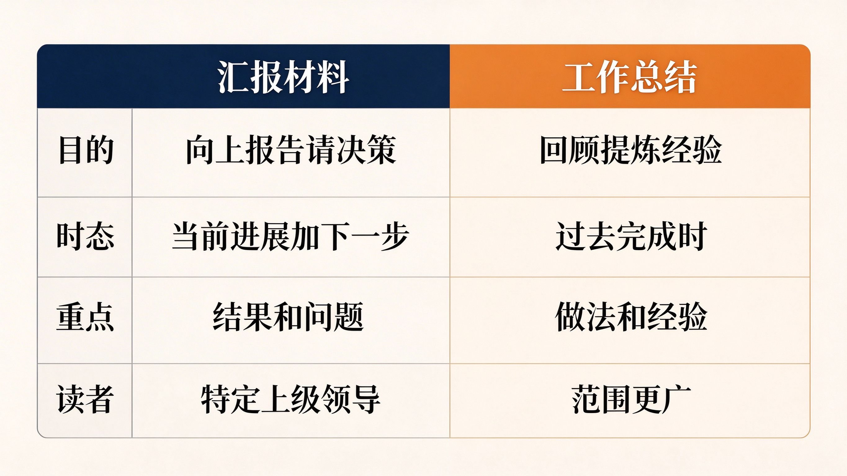 汇报材料与工作总结四维度对比表,目的时态重点读者四个维度左右两列对照