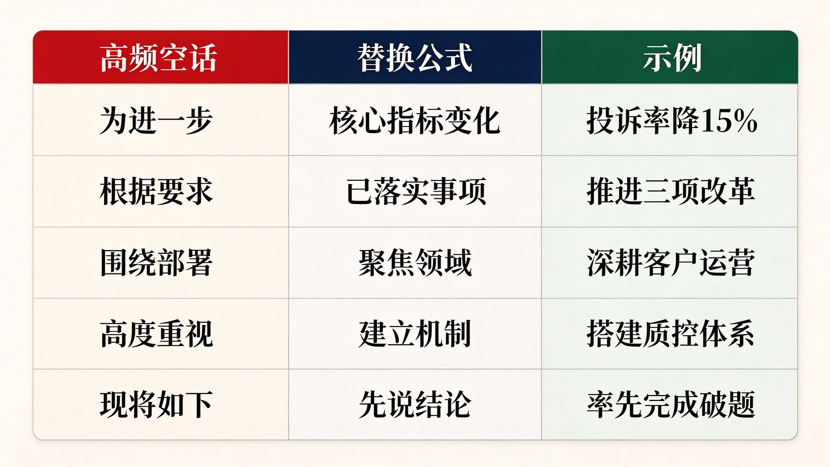 汇报材料5句高频空话替换速查表,空话列替换公式列示例列三列对照