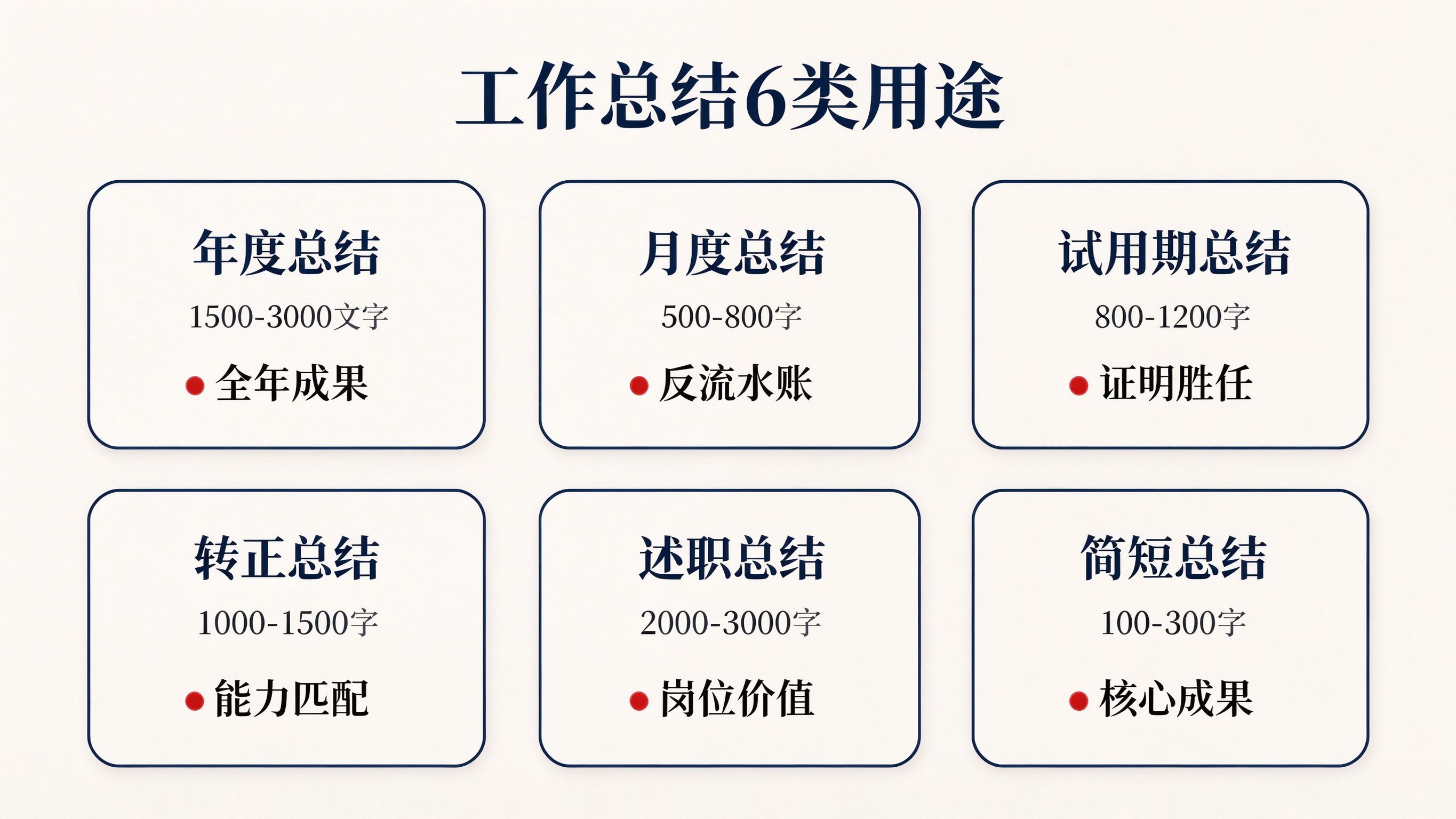 个人工作总结6类用途分类导航图，展示年度月度试用期转正述职简短6类总结的篇幅和重点