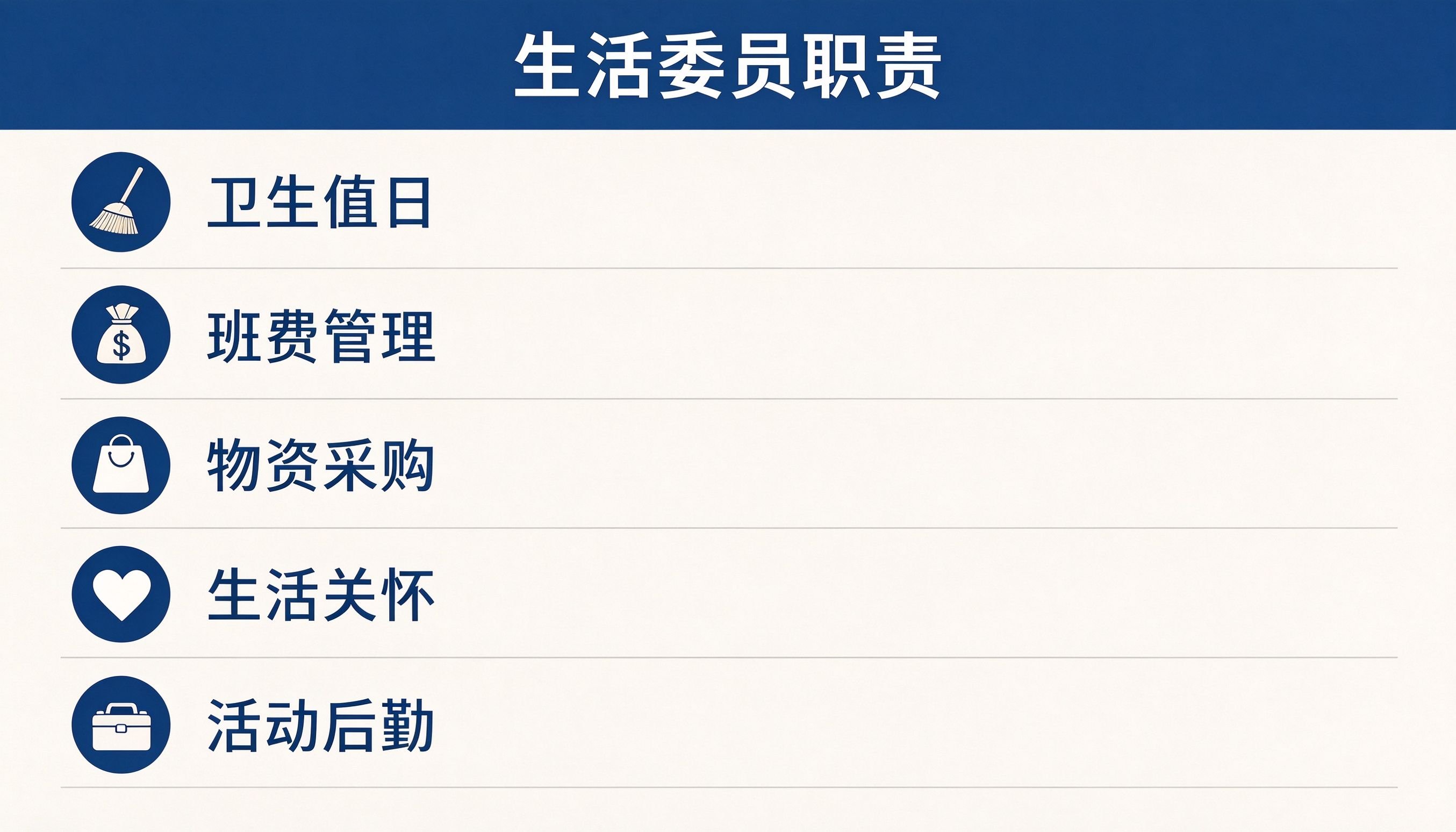 生活委员五类职责速查表:卫生值日、班费管理、物资采购、生活关怀、活动后勤