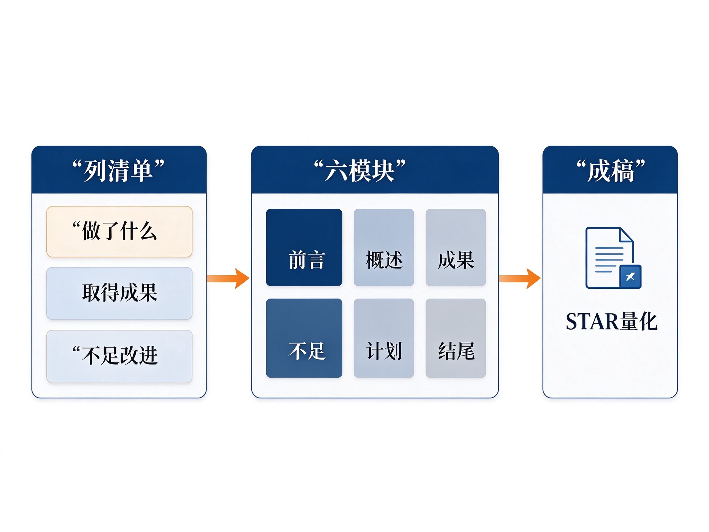 个人工作总结从三张清单到六模块成稿的完整流程图