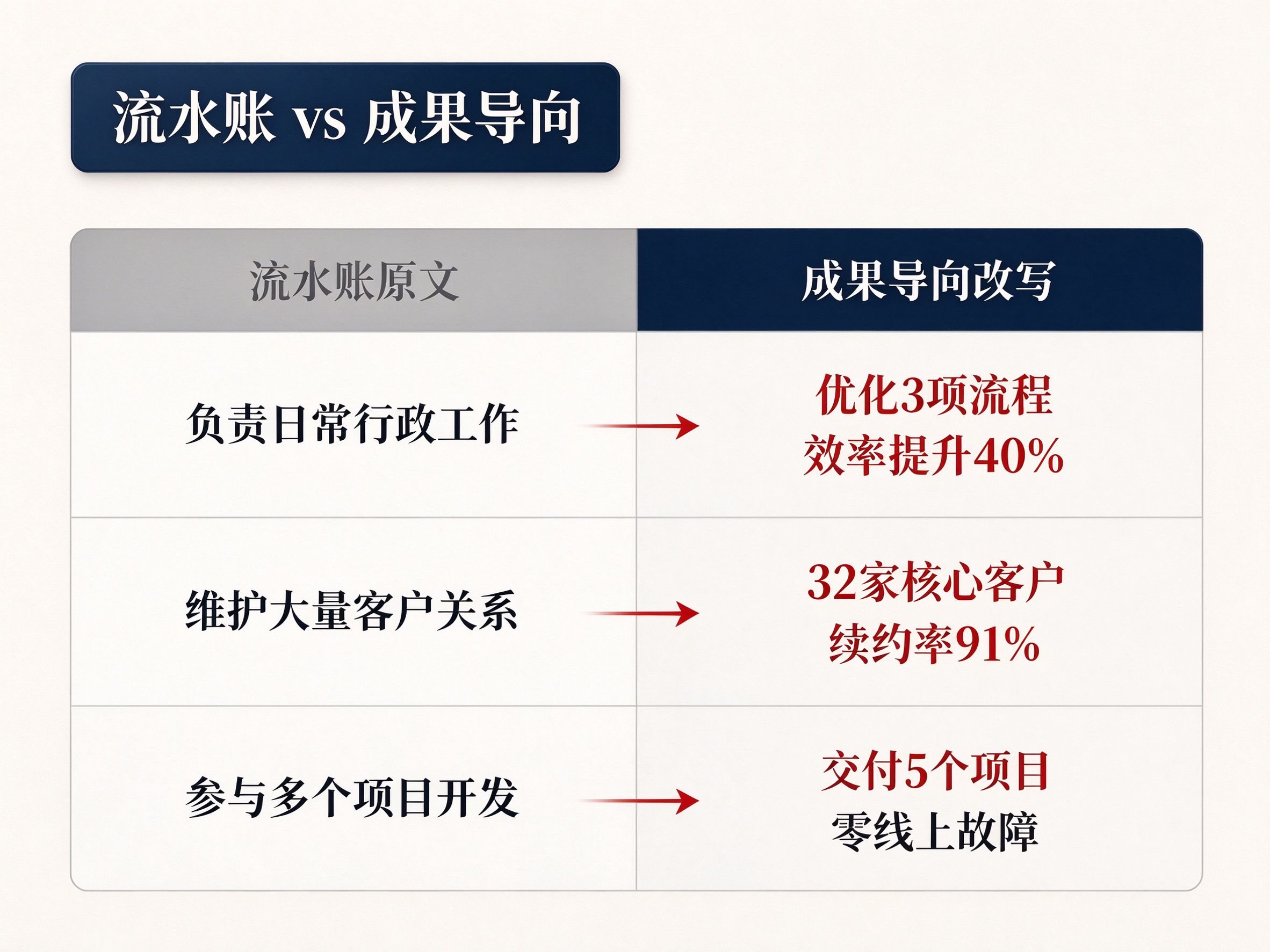 流水账原文与成果导向改写版前后对比表,展示普通员工、销售、技术三个岗位的改写案例