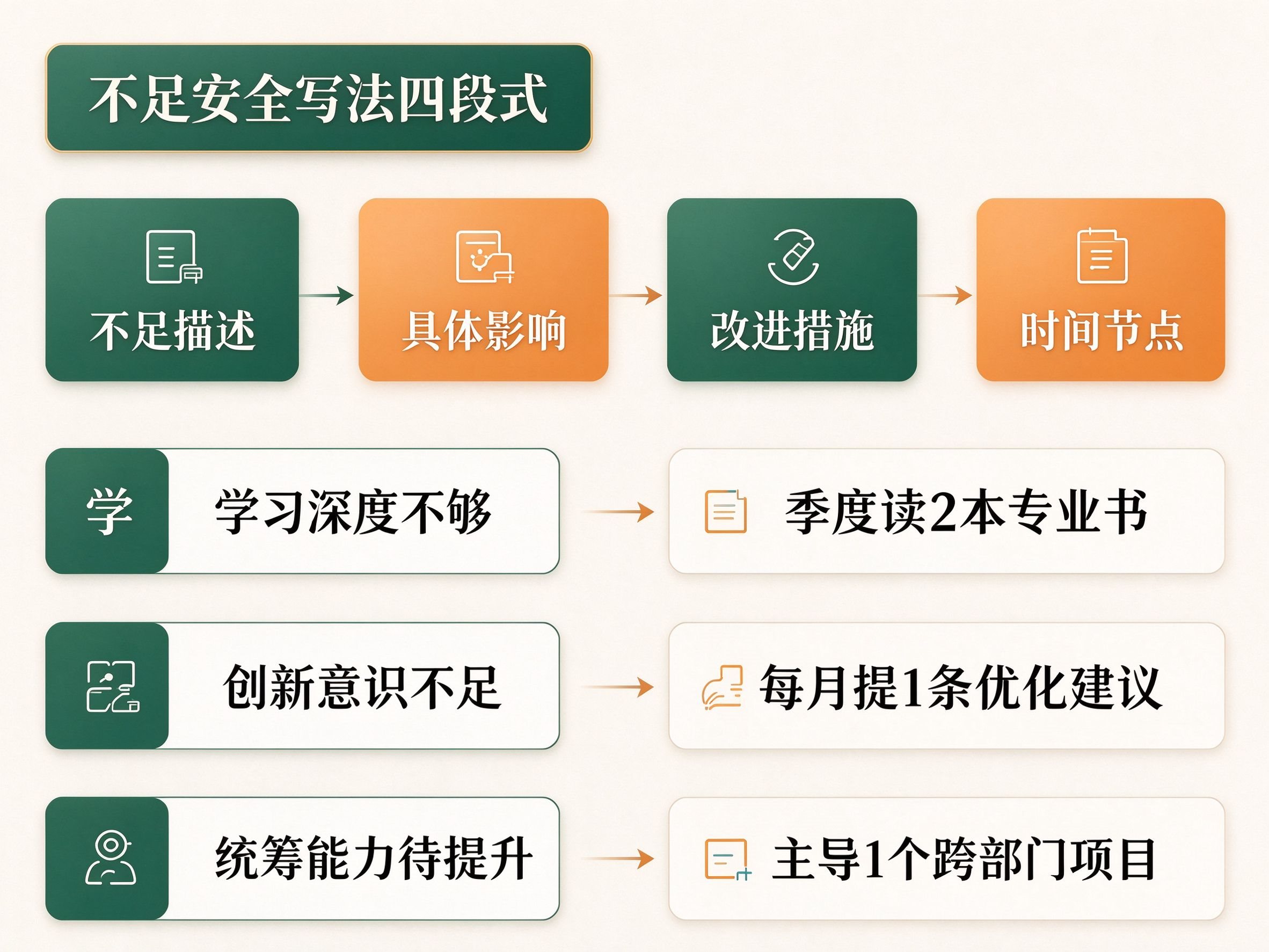 不足安全写法四段式拆解图,展示不足描述、具体影响、改进措施、时间节点四个步骤,配三组不足改进配对模板示例