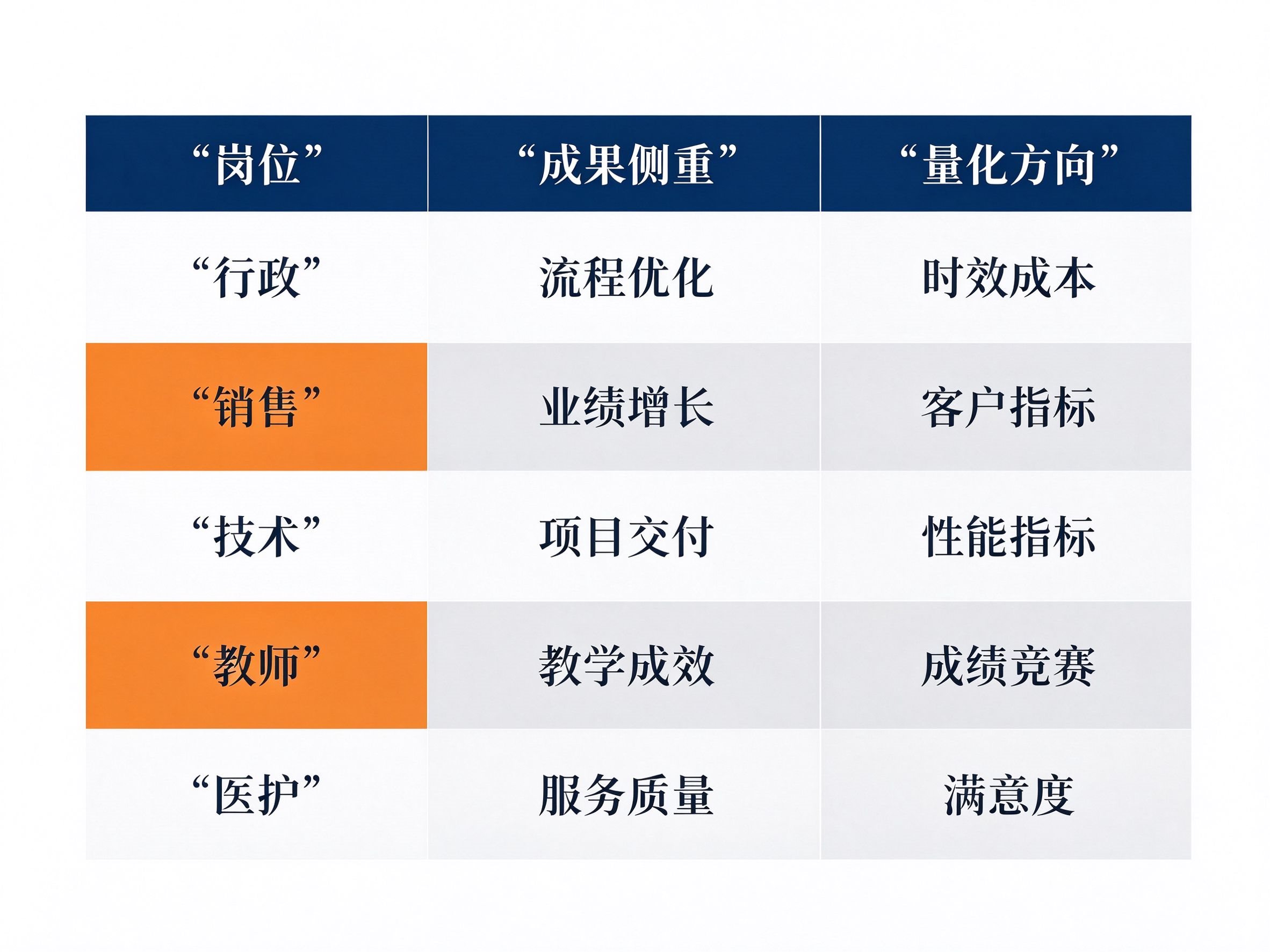 行政销售技术教师医护五岗位工作总结成果侧重点速查表