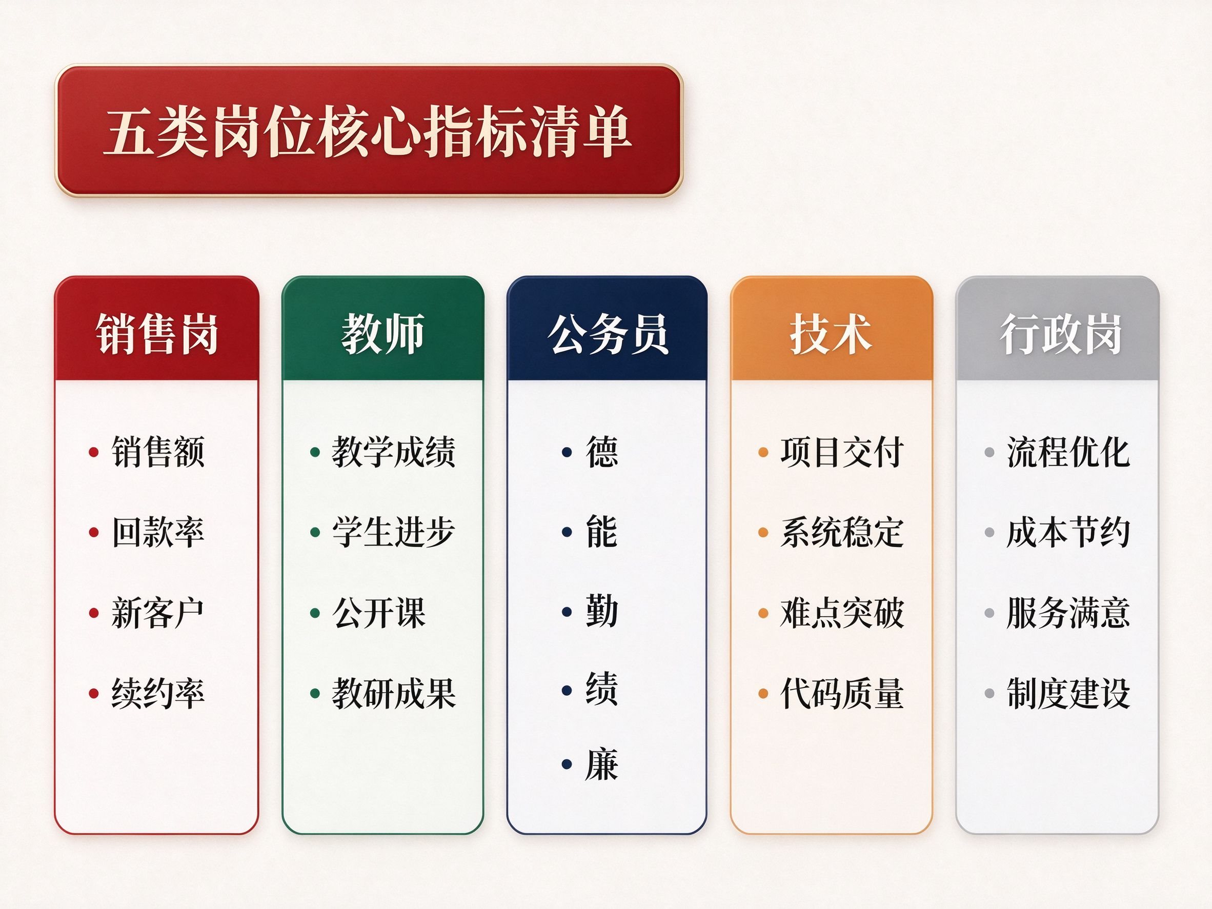 五类岗位核心指标对照清单图,展示销售岗、教师、公务员、技术、行政岗各自的核心指标关键词