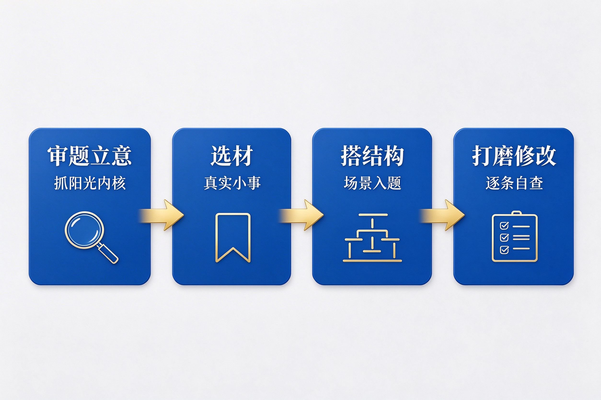 阳光少年征文四步写作法流程图:审题立意、选材、搭结构、打磨修改四个步骤