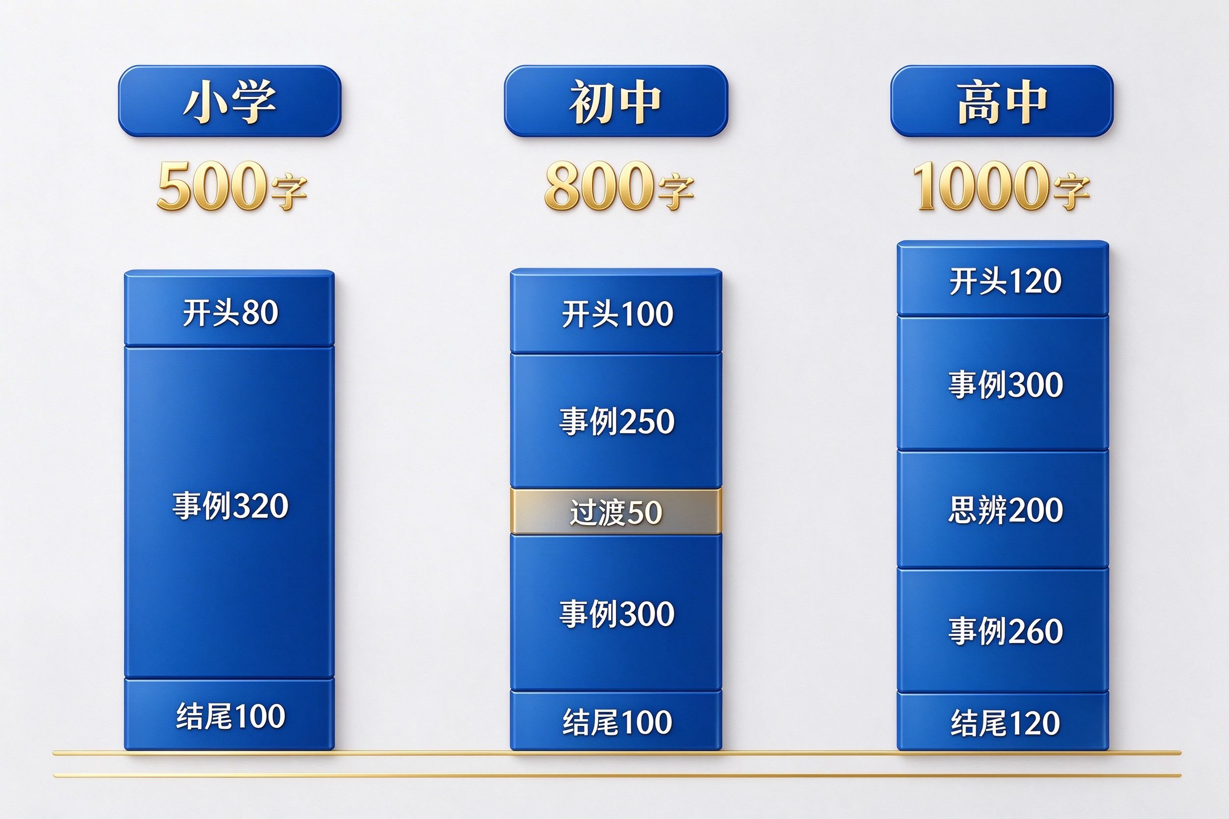 阳光少年征文三档字数分配对比表图:小学500字、初中800字、高中1000字各段字数占比