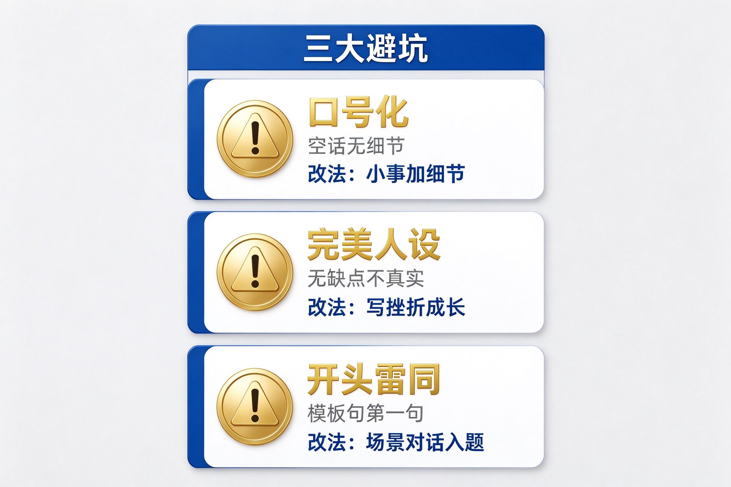 阳光少年征文三大避坑清单卡片:口号化、完美人设、开头雷同,每坑含表现和改法