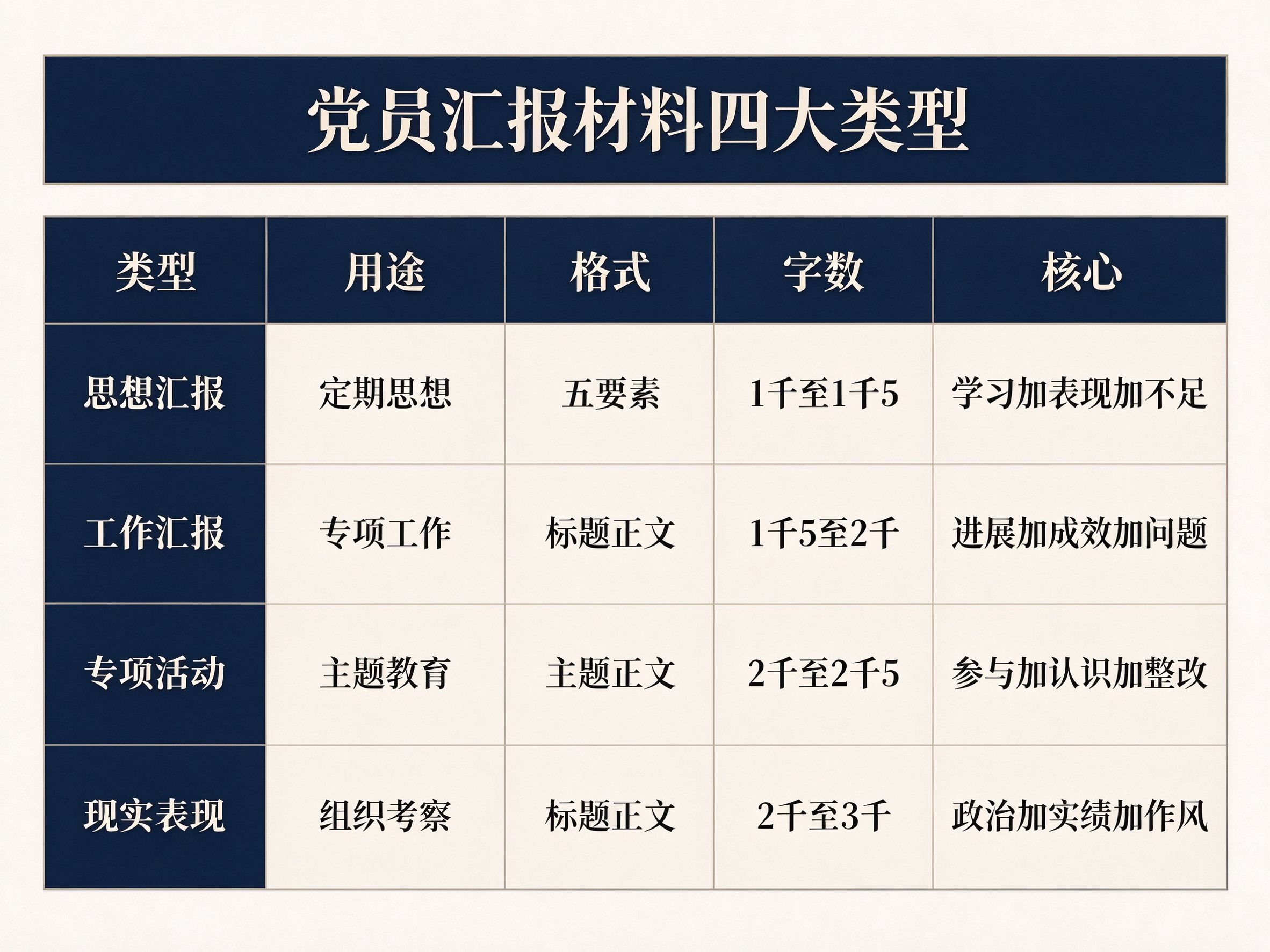 党员汇报材料四大类型辨析对照表