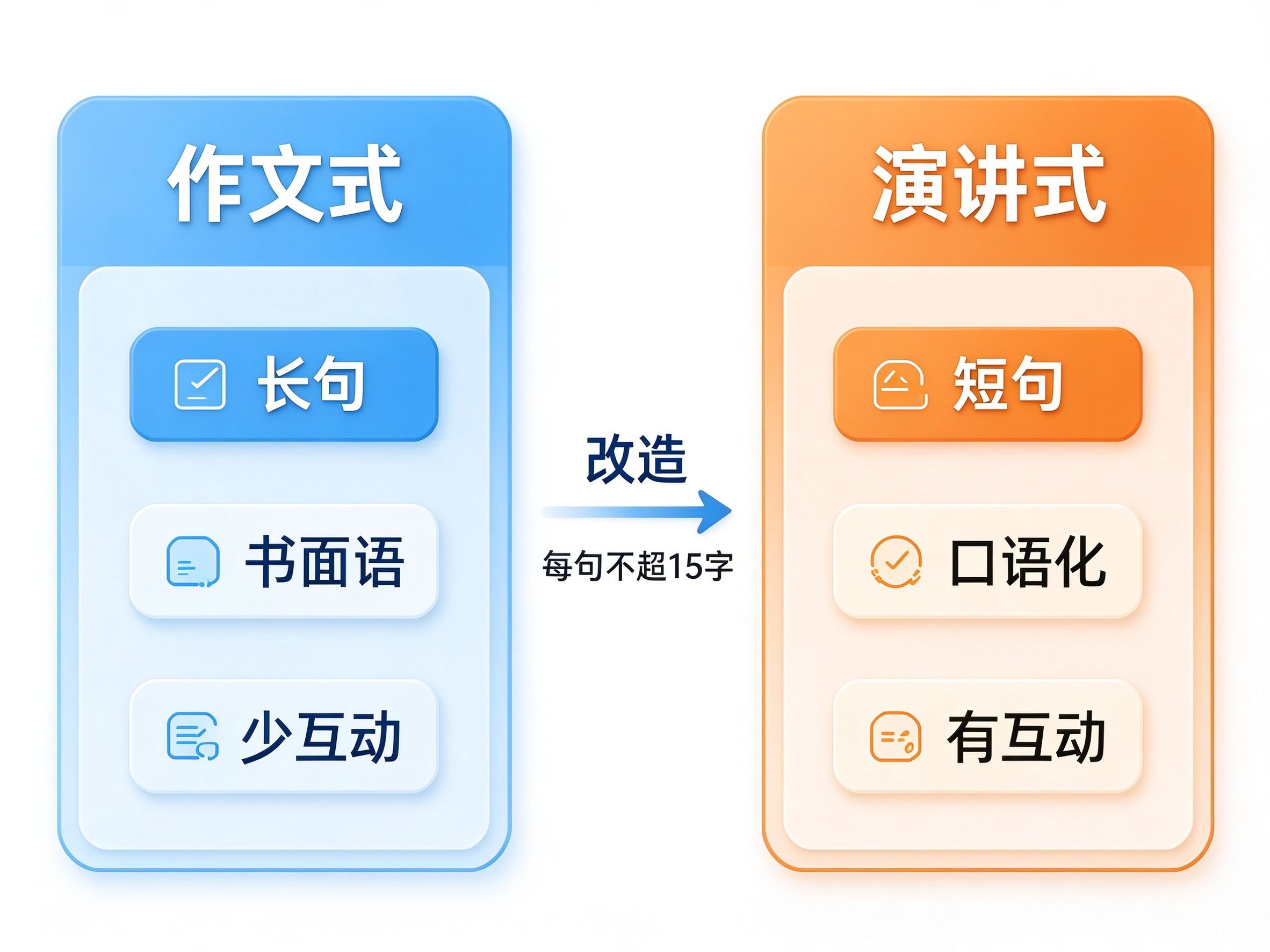 作文式vs演讲式左右对比卡片:左侧长句书面语,右侧短句口语化