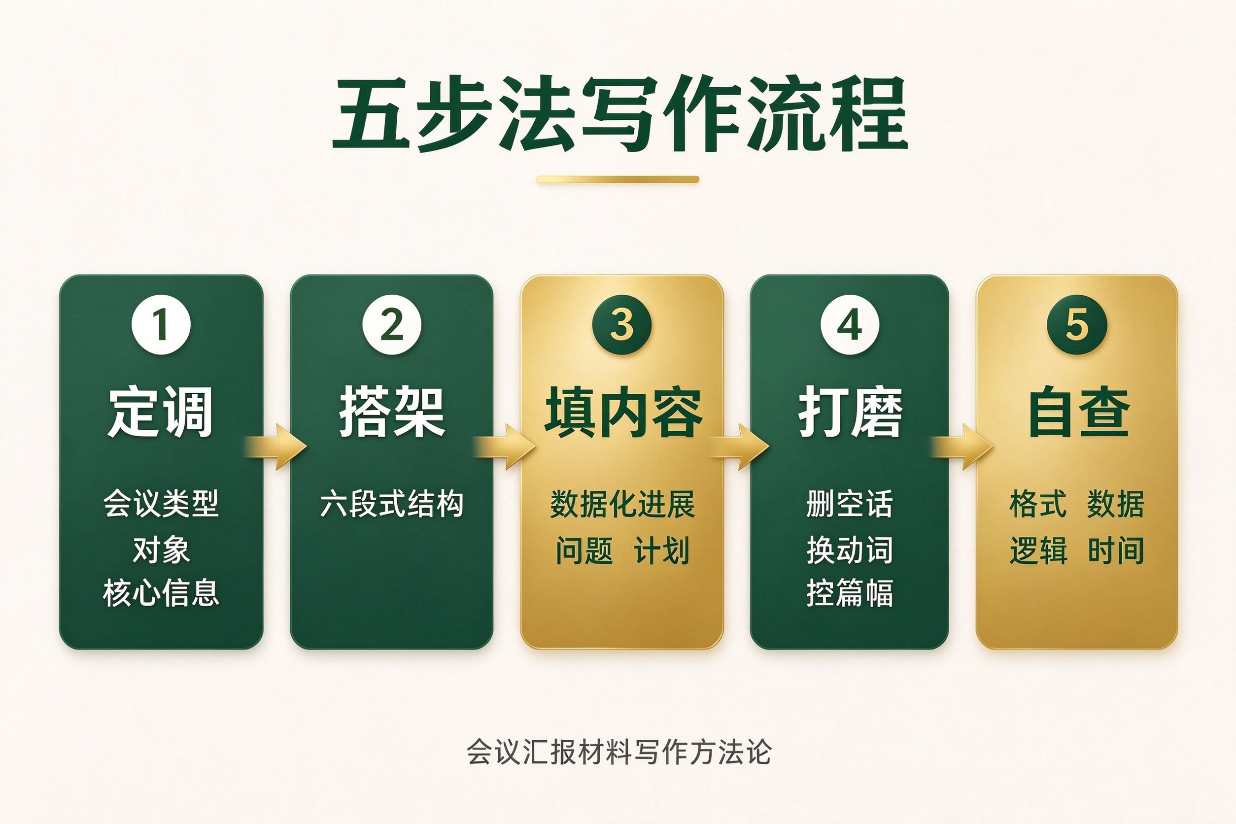 会议汇报材料五步法写作流程图:定调、搭架、填内容、打磨、自查