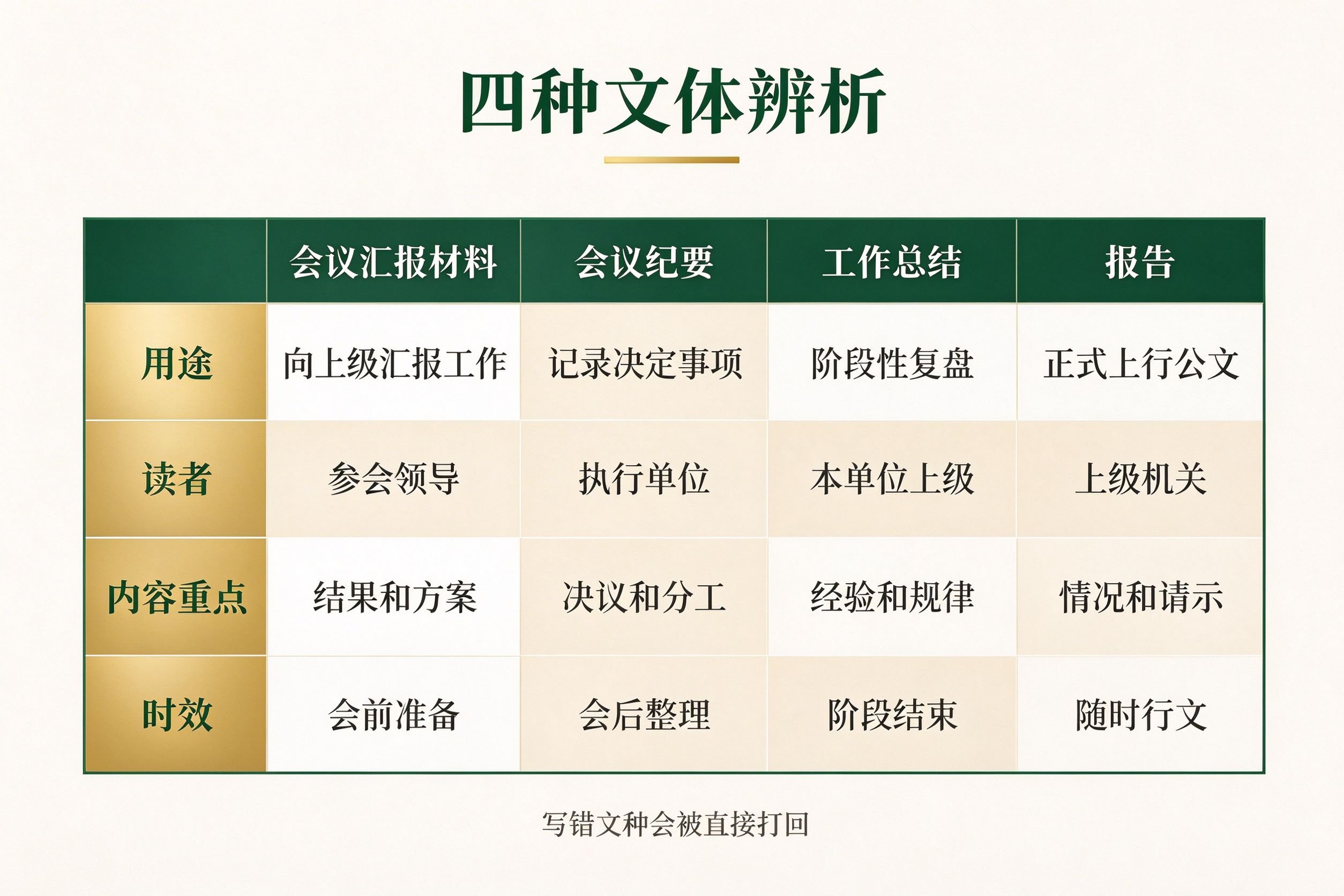 四种文体对比表图:会议汇报材料、会议纪要、工作总结、报告的用途、读者、内容重点、时效对比