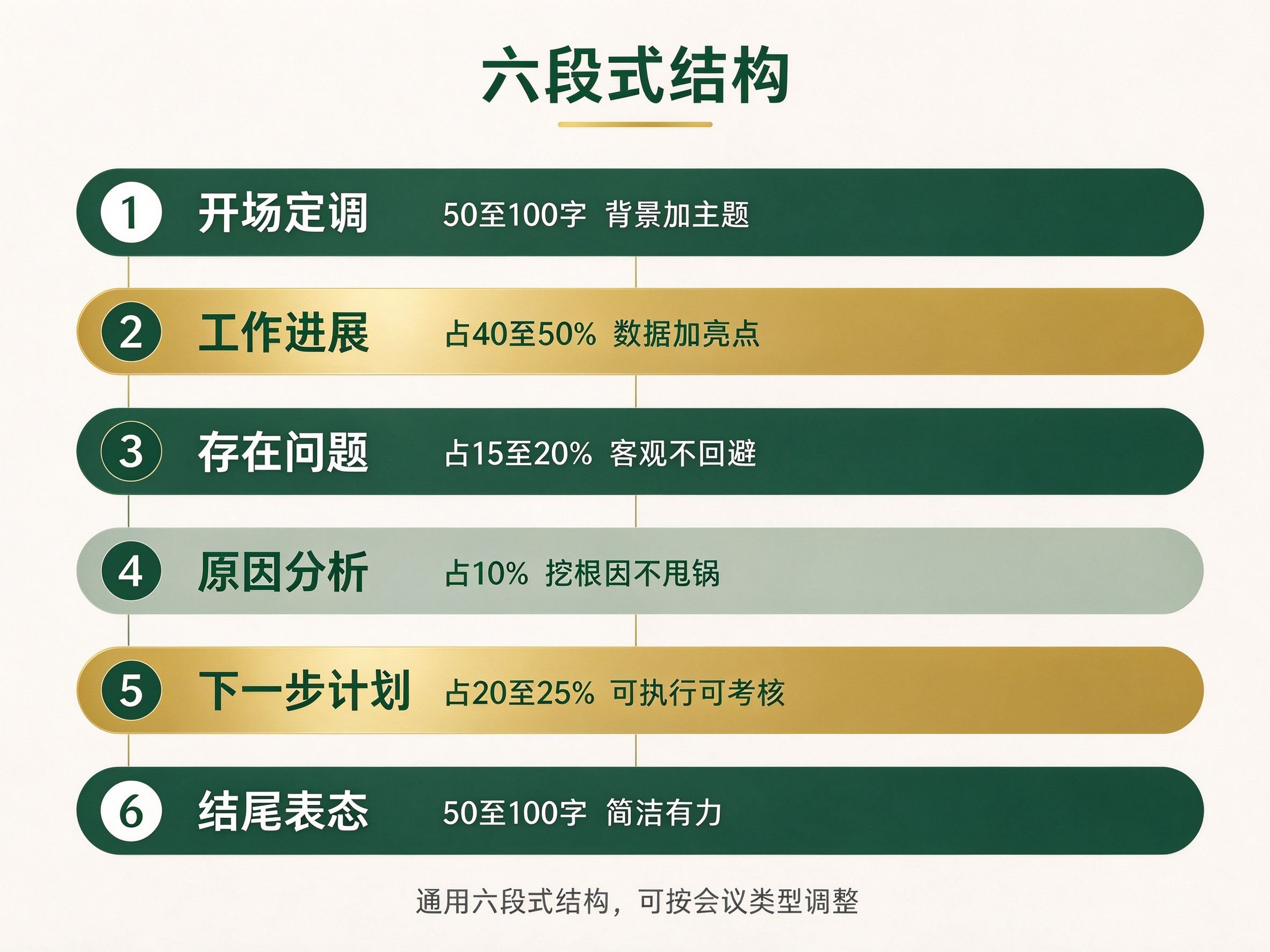 会议汇报材料六段式结构示意图:开场定调、工作进展、存在问题、原因分析、下一步计划、结尾表态