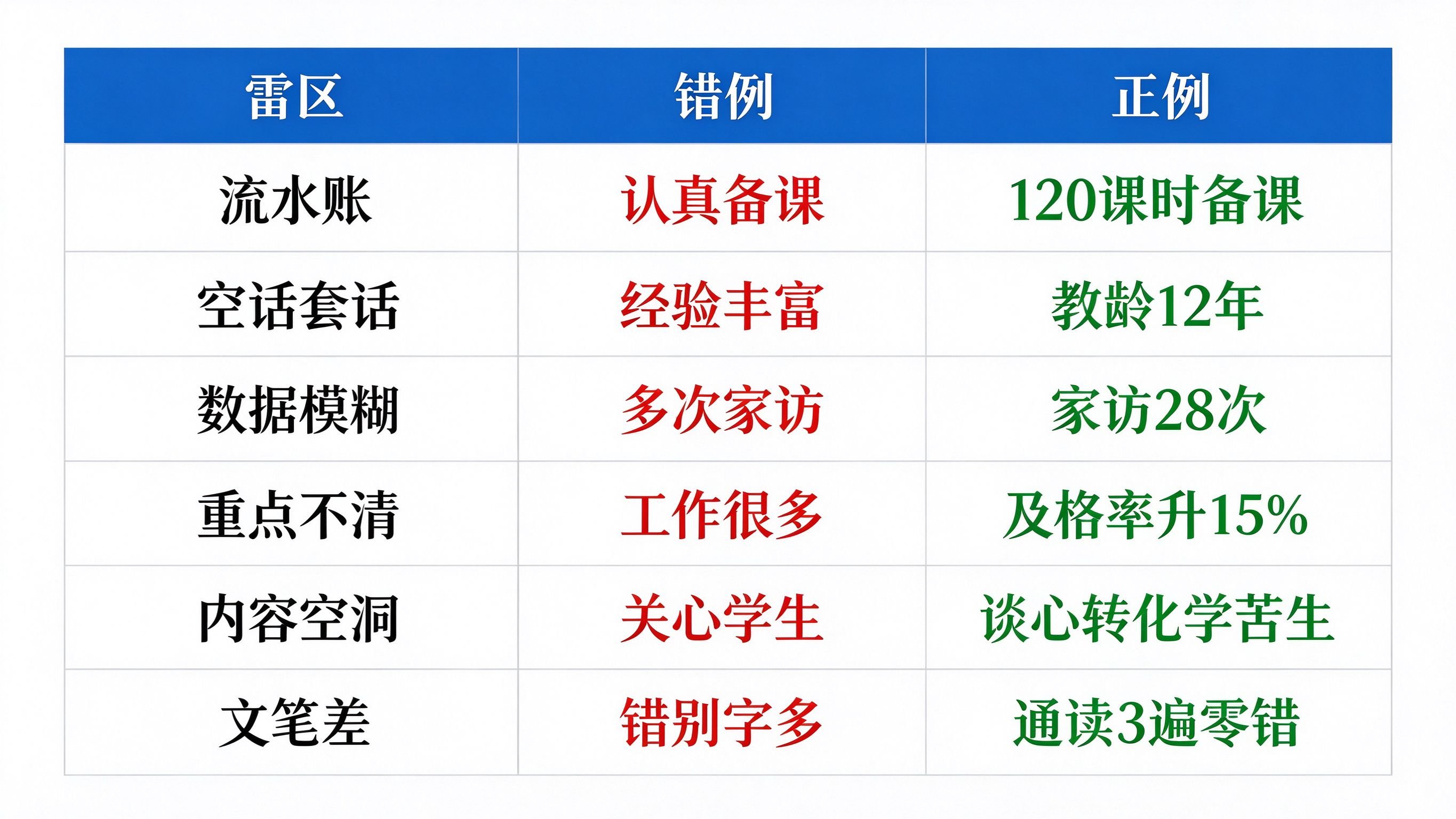 教师工作总结6大雷区错例正例对比表