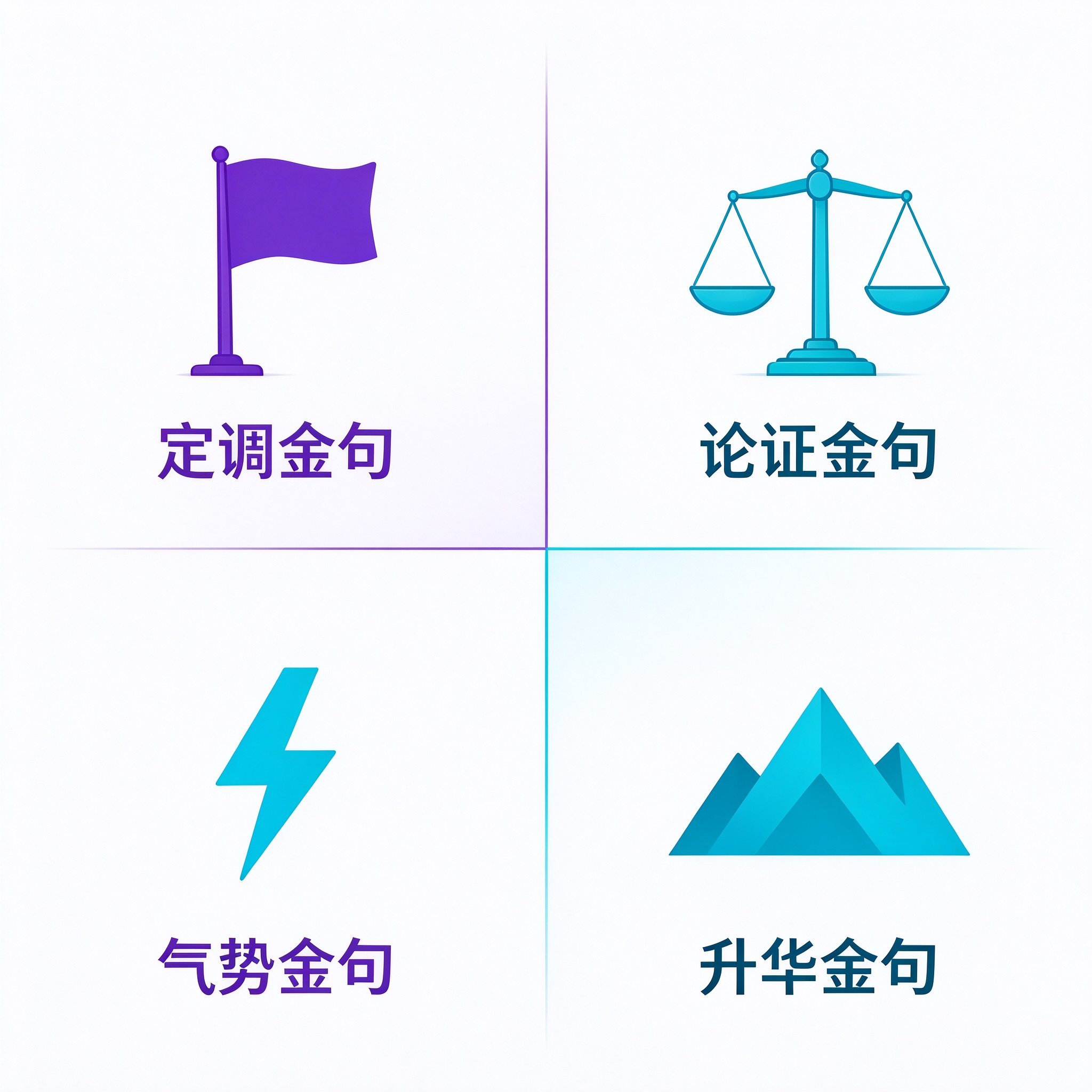 廉洁演讲稿金句四分类信息图：定调金句、论证金句、气势金句、升华金句
