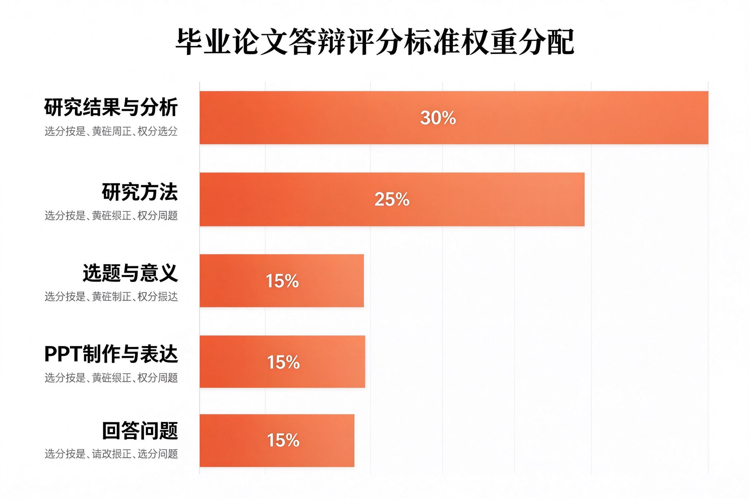 毕业论文答辩评分标准权重分配：研究结果与分析30%、研究方法25%、选题与意义15%、PPT制作与表达15%、回答问题15%
