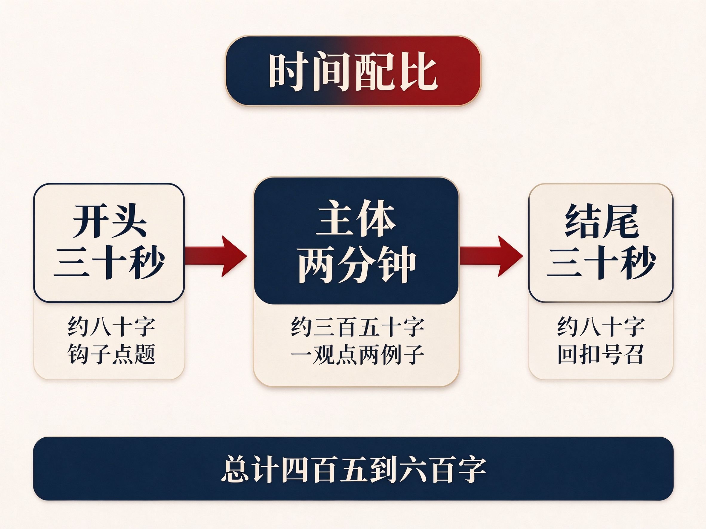 3分钟演讲稿时间配比流程图,展示开头主体结尾三段的时间和字数分配