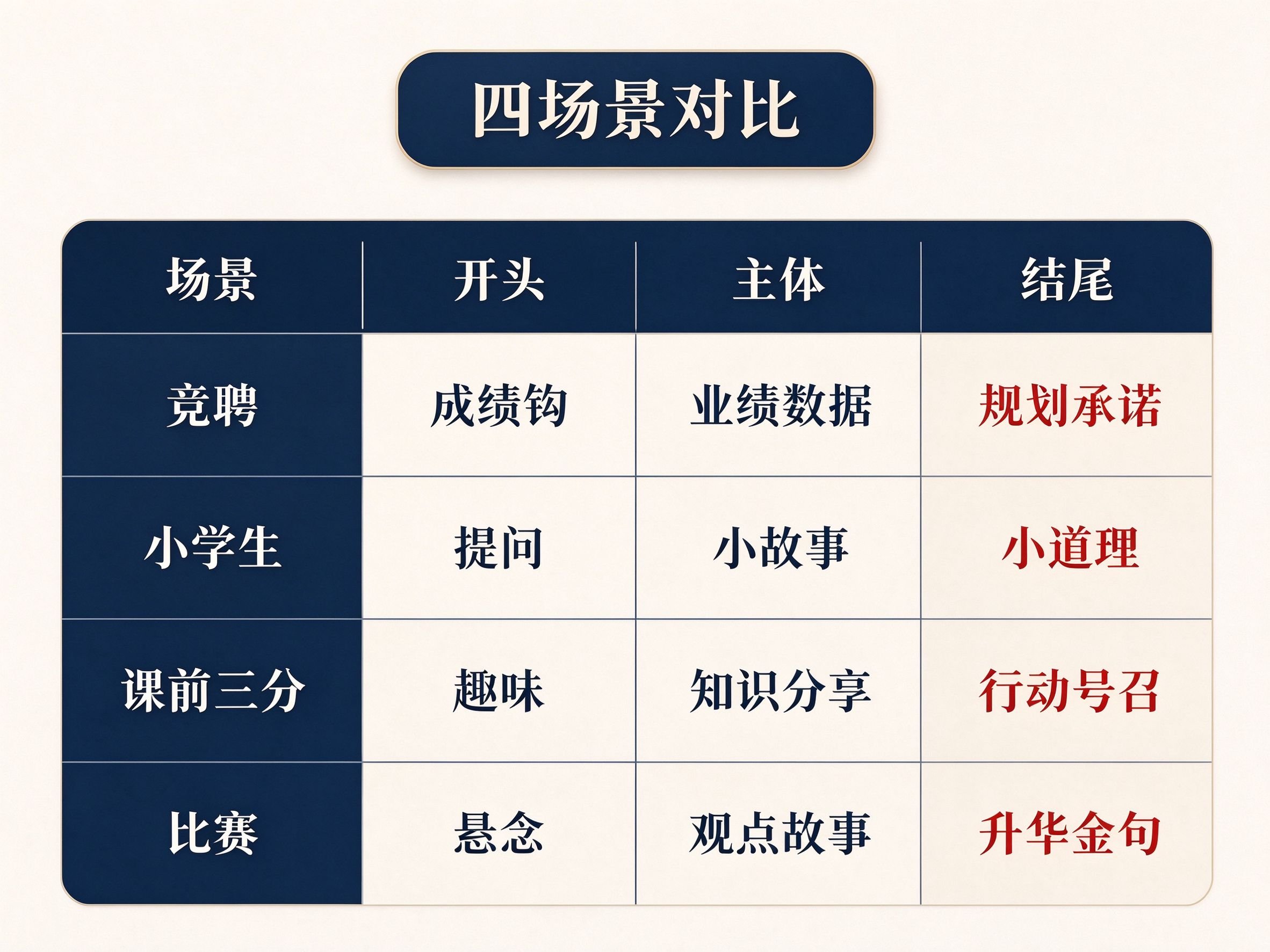 四种场景3分钟演讲稿结构对比表,展示竞聘小学生课前三分钟比赛四种场景的开头主体结尾重点