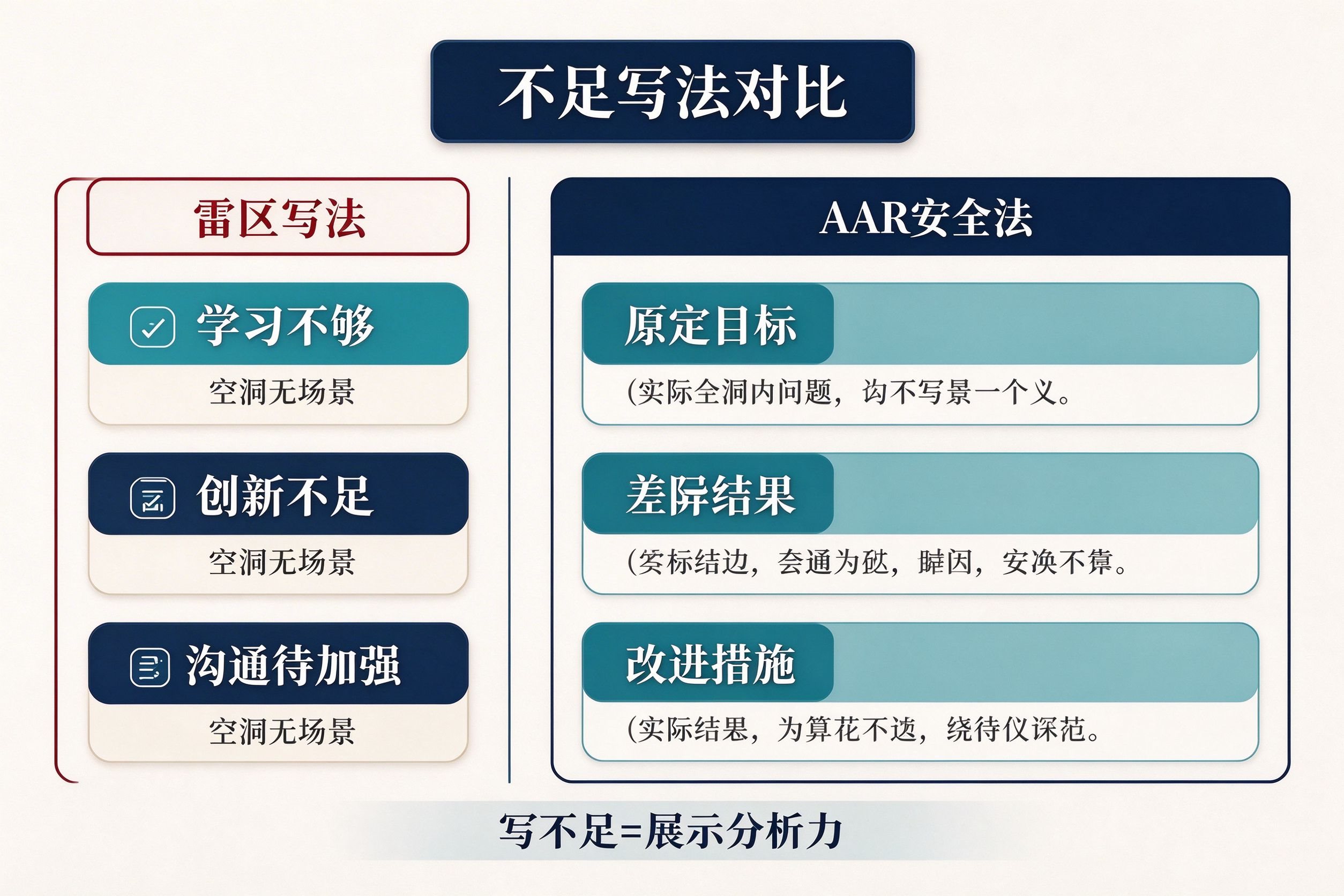 工作总结不足写法正反例对比表:左列雷区写法学习不够创新不足沟通待加强,右列AAR安全法原定目标实际结果差异原因改进措施