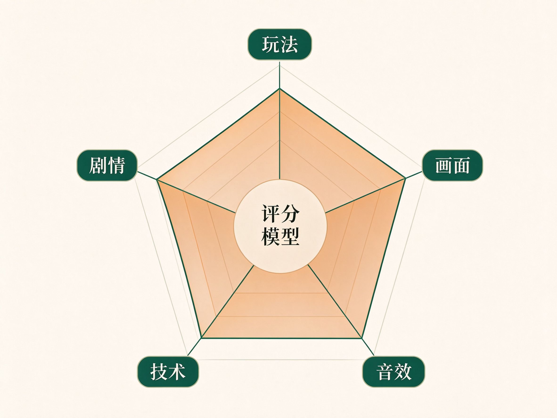 游戏评测五维评分模型雷达图:玩法画面音效剧情技术五个维度
