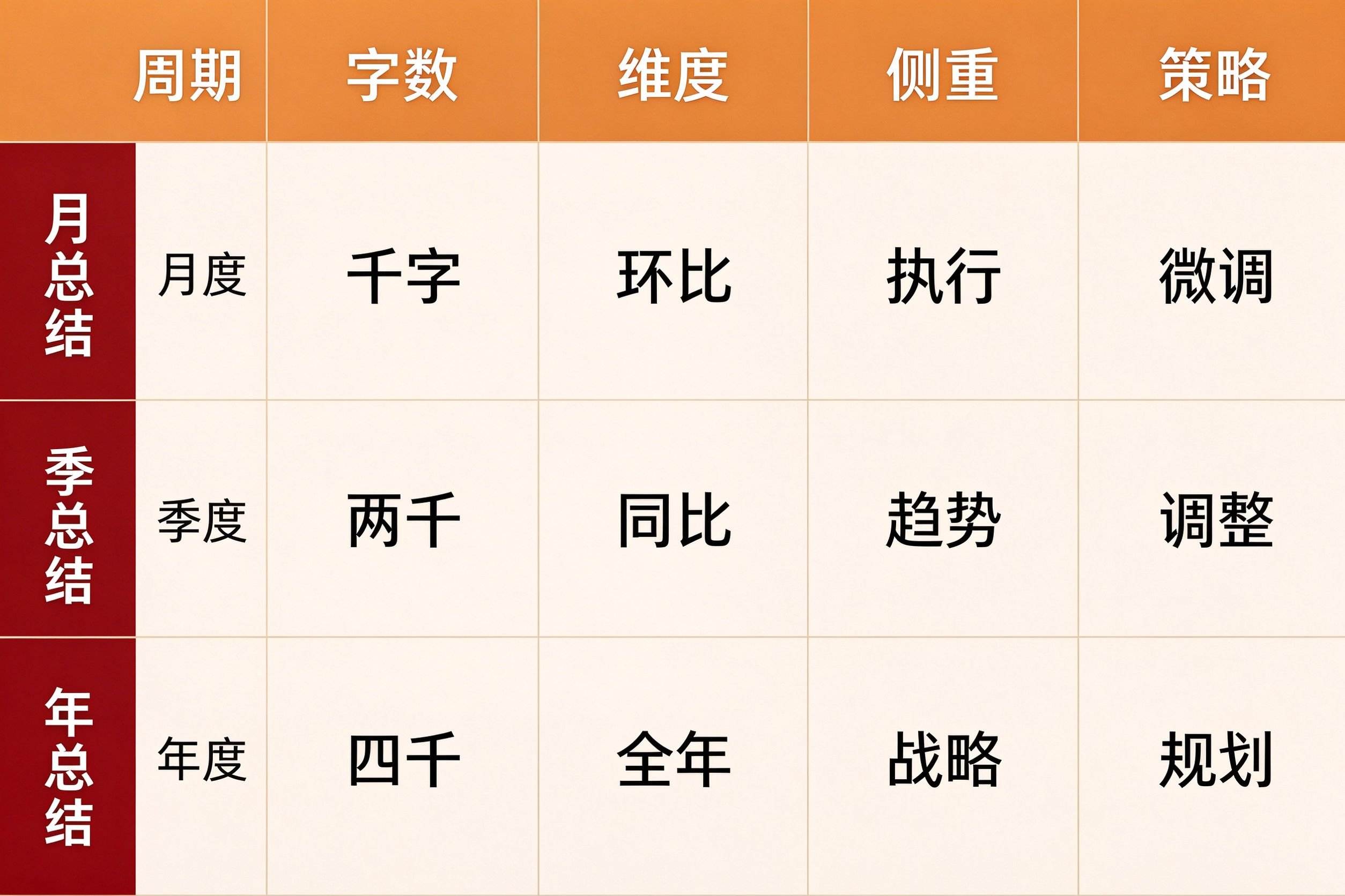 月度季度年度销售工作总结细致程度对比表:周期字数维度侧重策略五列三行对比
