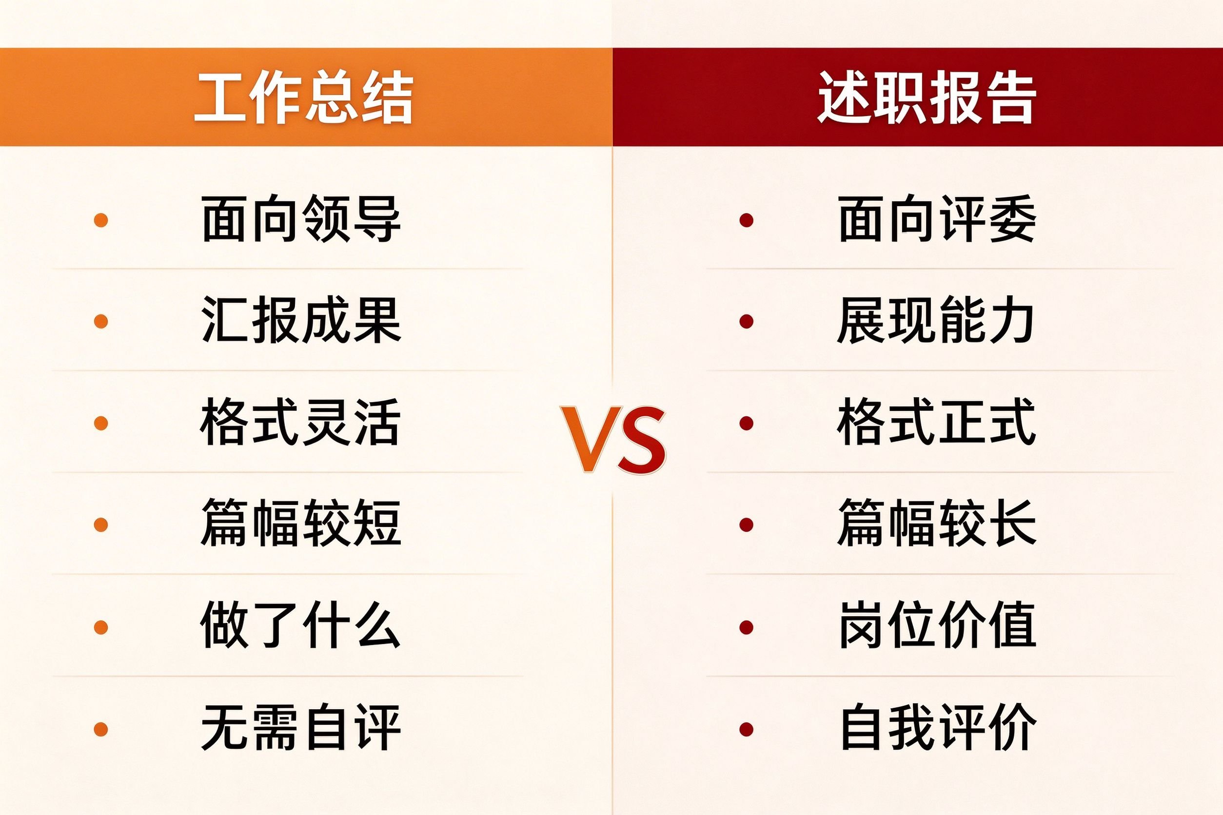 销售工作总结与述职报告对比信息图:受众目的格式篇幅内容评价六维度左右对比