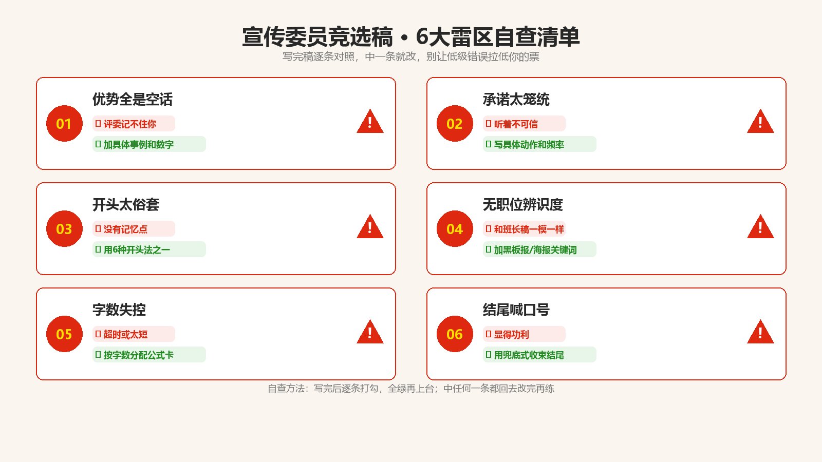 宣传委员竞选稿6大雷区自查清单：优势空话、承诺笼统、开头俗套、无辨识度、字数失控、结尾口号